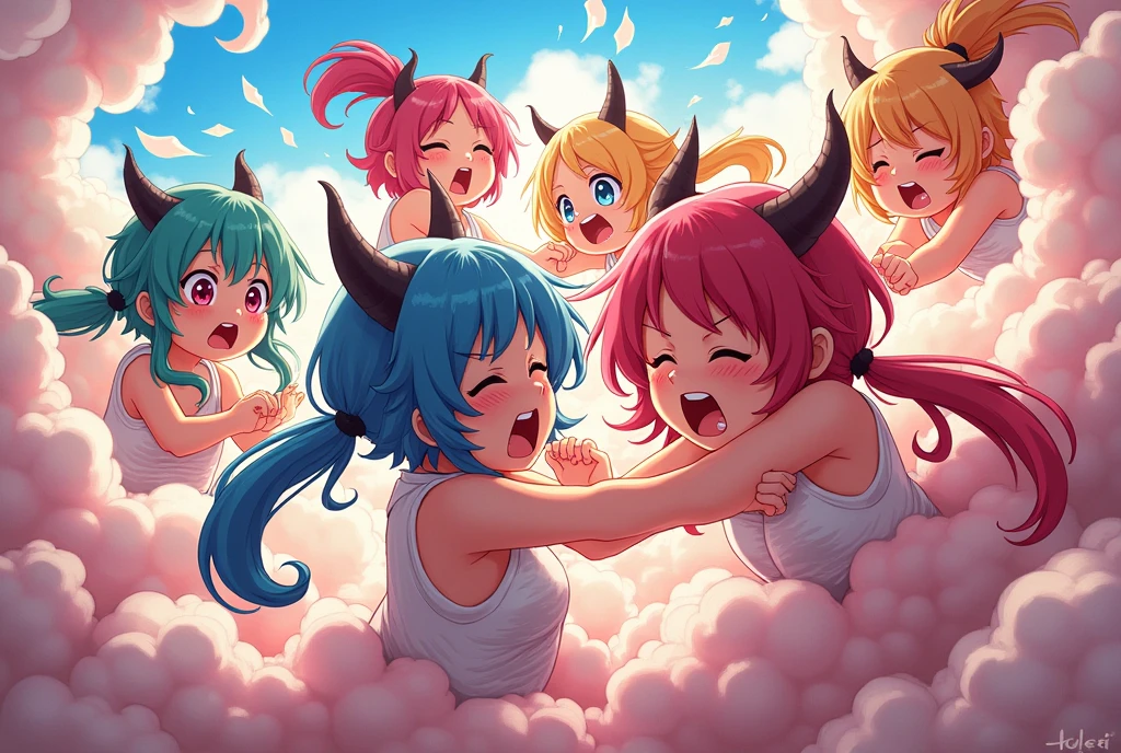 An anime-style illustration depicting many kaminari-girls playfully wrestling with each other inside a gray comical fight cloud (thunder cloud).
each kaminari-girl has different colored hair.
their faces,hands,and feet are visible emerging from the cloud as they tussle humorously, with the rest of their bodies completely hidden inside the cloud.
the illustration emphasizes the humorous and energetic nature of their scuffle,with a fluffy and exaggerated fight cloud.