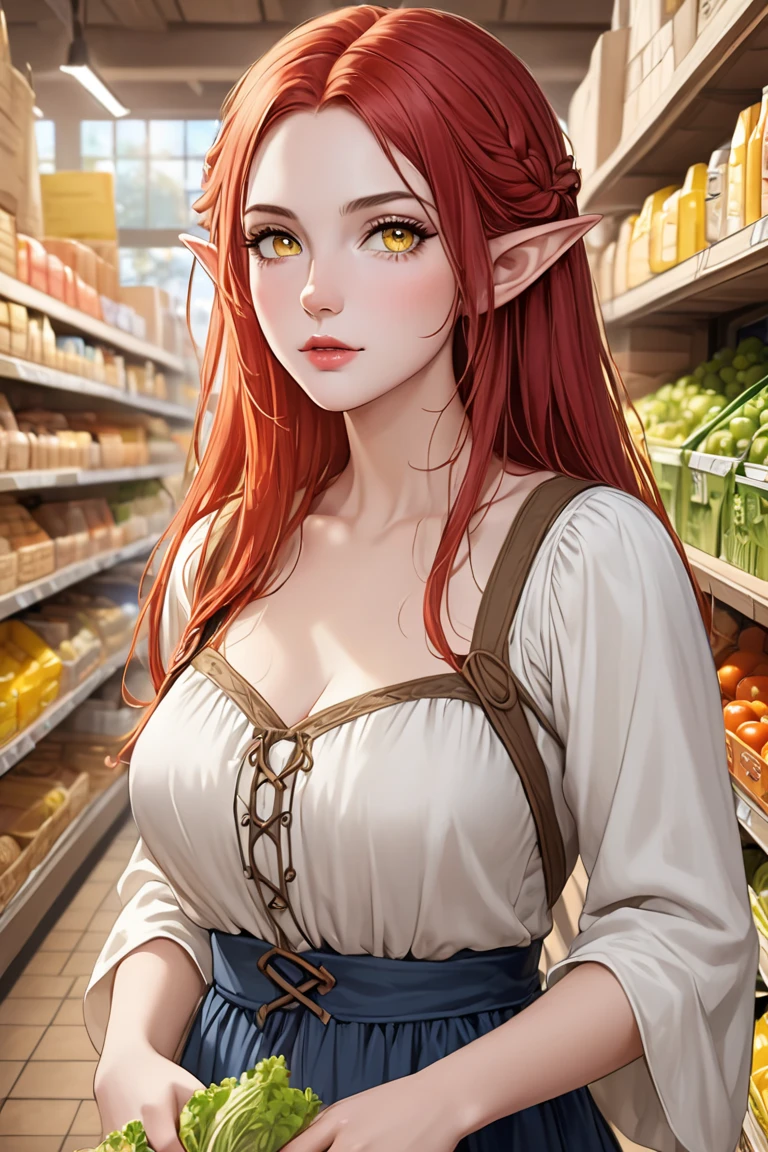 masterpiece,Super detailed,highest quality, in busty elf Woman Dancing in table in an old travern, ,red hair, small panties, enormus giant naked breasts, huge naked breasts,crisp chest, crisp chest, perfect legs, (grinning face), (Freckles:1.0),