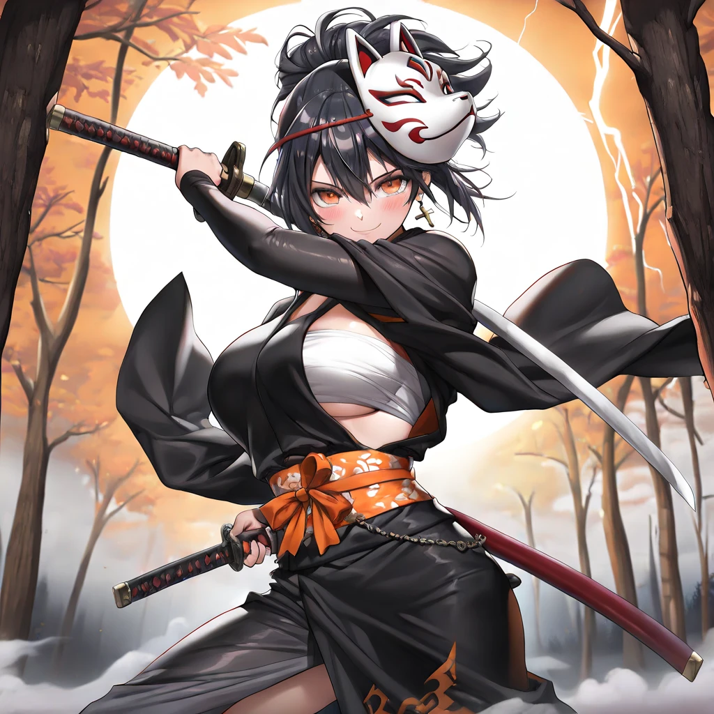 Black hair, short hair, bangs, white kimono, kimono with rips, red katana with black flames, large breasts, curvy woman, thin waist, thick legs, medieval red boot, brown colored eyes, sword-shaped earrings, indifferent look, mature woman, violet flames coming out of the katana, medieval tavern, giant white wolf with red eyes.