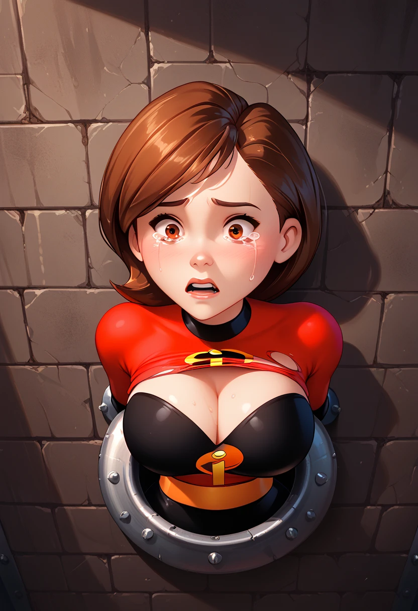 Helen Parr from the movie The Incredibles, by the cafe, short hair, black latex gloves shoulder length, red latex clothing, in a lab, leaning against a vertical metal wall,, shackles on neck, shackles on hands and legs, Pov touched her breasts, POV her clothes are torn,clothes torn from the chest and her black bra is visible, gagged mouth. makes x pose with the body, annoyed, big breasts, very big hip, big butt,