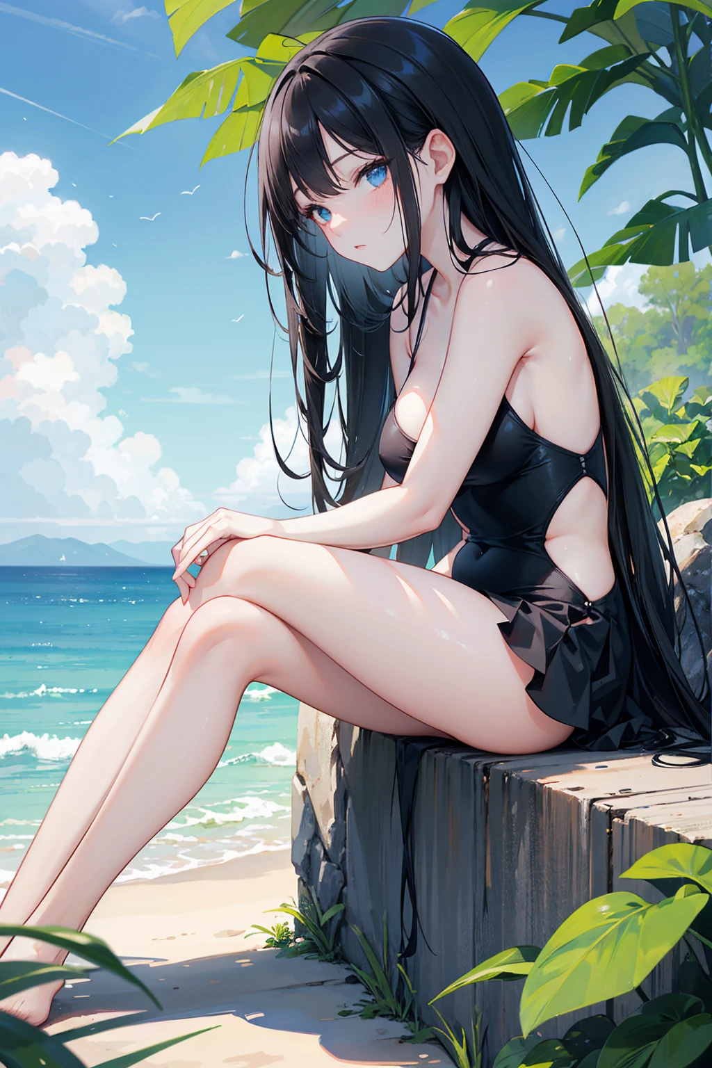 A girl in a black bikini,Long black hair,Sitting,