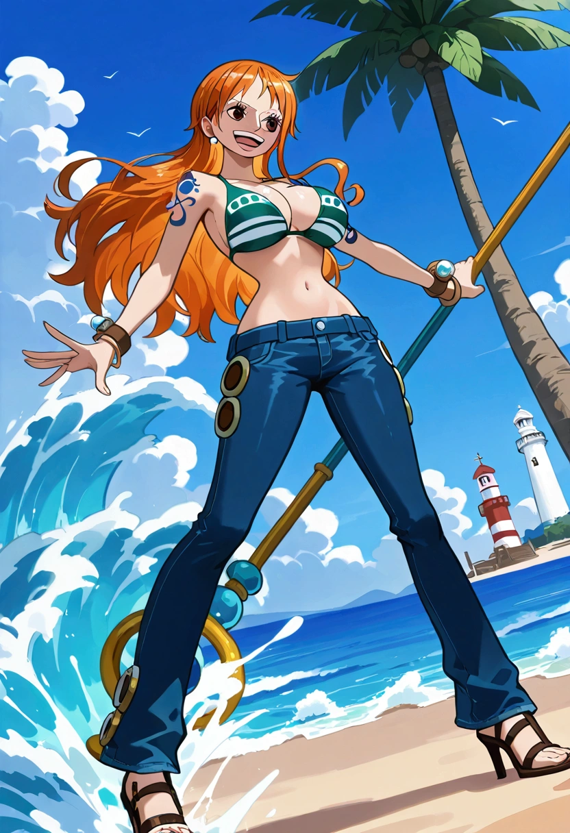 jewelry, swimsuit, bikini, earrings, pants, high heels, bracelet, denim, bikini top only, jeans, tattoo, orange hair, masterpiece, one piece nami,smile, open mouth,,,, guards a towering lighthouse against an oncoming pirate attack. Her staff glows with a protective aura, and waves crash dramatically against the rocky shore.