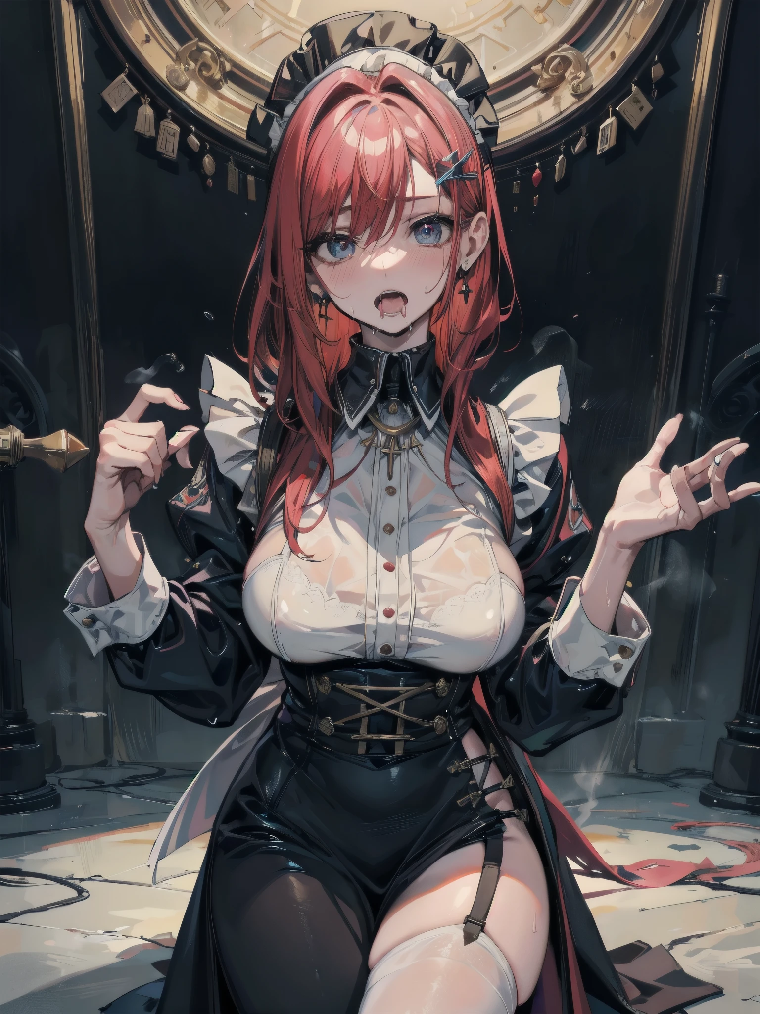 ((1个Giant Breast Girl)),((sit on chair)),((Rope bondage)),((Behind your arms)),((Fully bound)),(Tight bondage),((unhelpless)),(dark red colored hair,Black hooded coat,Black shirt,Black shorts,bodystocking),(((huge tit))),((Be red in the face))Pregnant women with,,handcuff,Moisture spray,shackle,weeping,Spread your legs apart,teary,see-through transparent clothes,A large amount of milky viscous liquid flows out between the legs,Insert a tube between the legs,pregnant women with,Large quantities of colored liquid,Completely naked,Drug injections,Huge ,Pull beads,Yin ring,Lingerie transparent,Nipple studs,Yin chain,No underwear,Punk collar,A large number of medical syringes,Lots of sex toys,Tulle coat,A large number of drugs,Casual pose,Expose the ,Mouth open,The belly is exposed,Stick out her tongue,There are complex heart-shaped tattoos on the lower abdomen,The uterus is outside the body,Medical needle insertion,autologous medical syringe-insertedbody,Bare abdomen,Surrounded by naked men(Naked men watching,Pee in front of everyone,Sit or squat or kneel,
