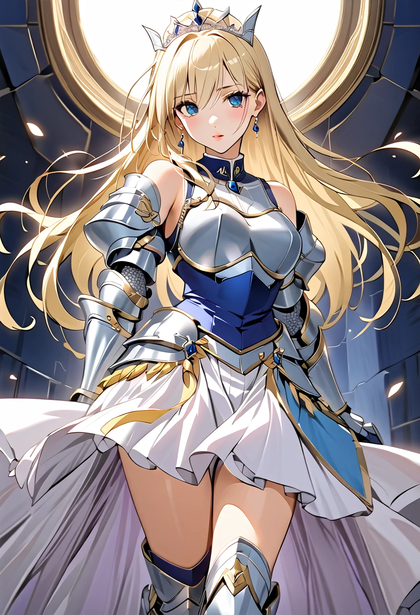 ((masterpiece)),  top quality ,  very detailed,( one girl), Knight Princess , Celia Kumani Aintree long hair,  blondes,   hair accessories, Blue Eyes,  hair tube,  dress, Dark Blue,  dress,  gloves, [Bare shoulders,   jewelry,  clevis on a stone,  princess, elbow  gloves, tiara ,brooch,white  gloves、 adult female 、thin、 very beautiful、 beautiful faces、(((Blue and silver armor、breastplate、 gauntlet、Shin guards、 shiny armor:1.2)))、 gold earrings、Golden Hair, Blue Eyes,  pink lips,  shot by a cowboy 