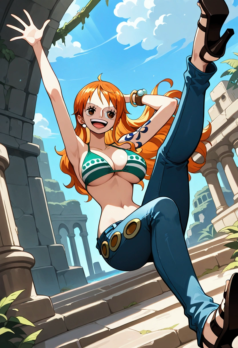 jewelry, swimsuit, bikini, earrings, pants, high heels, bracelet, denim, bikini top only, jeans, tattoo, orange hair, masterpiece, one piece nami,aanami,smile, open mouth,explores ancient ruins deep in a jungle. She holds a glowing artifact, her expression a mix of curiosity and caution, as her orange hair shines under the light of the relic