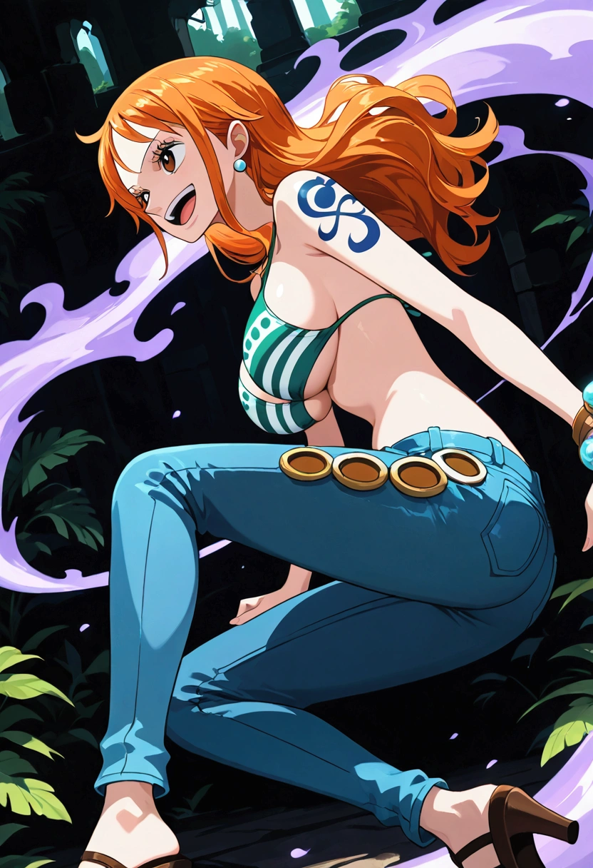 jewelry, swimsuit, bikini, earrings, pants, high heels, bracelet, denim, bikini top only, jeans, tattoo, orange hair, masterpiece, one piece nami,aanami,smile, open mouth,explores ancient ruins deep in a jungle. She holds a glowing artifact, her expression a mix of curiosity and caution, as her orange hair shines under the light of the relic