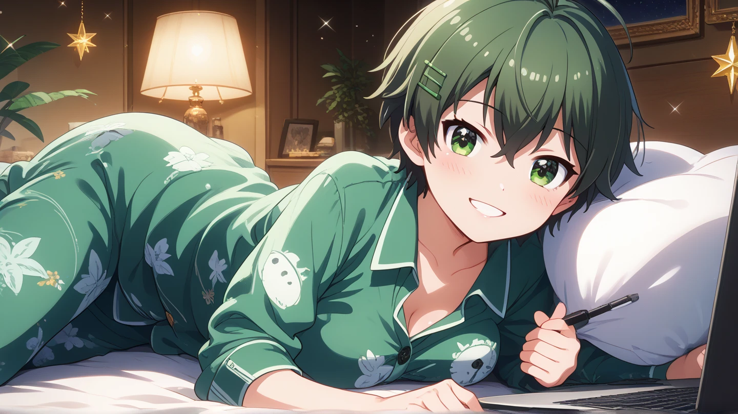 (masterpiece, best quality), highly detailed background, perfect lighting, best quality, batogasubaru, solo, solo focus, smile, green hair, ahoge, hair between eyes, hairclip, short hair, green eyes, medium breasts, green pajamas, star print, sitting, on bed, on stomach, typing, laptop computer, night