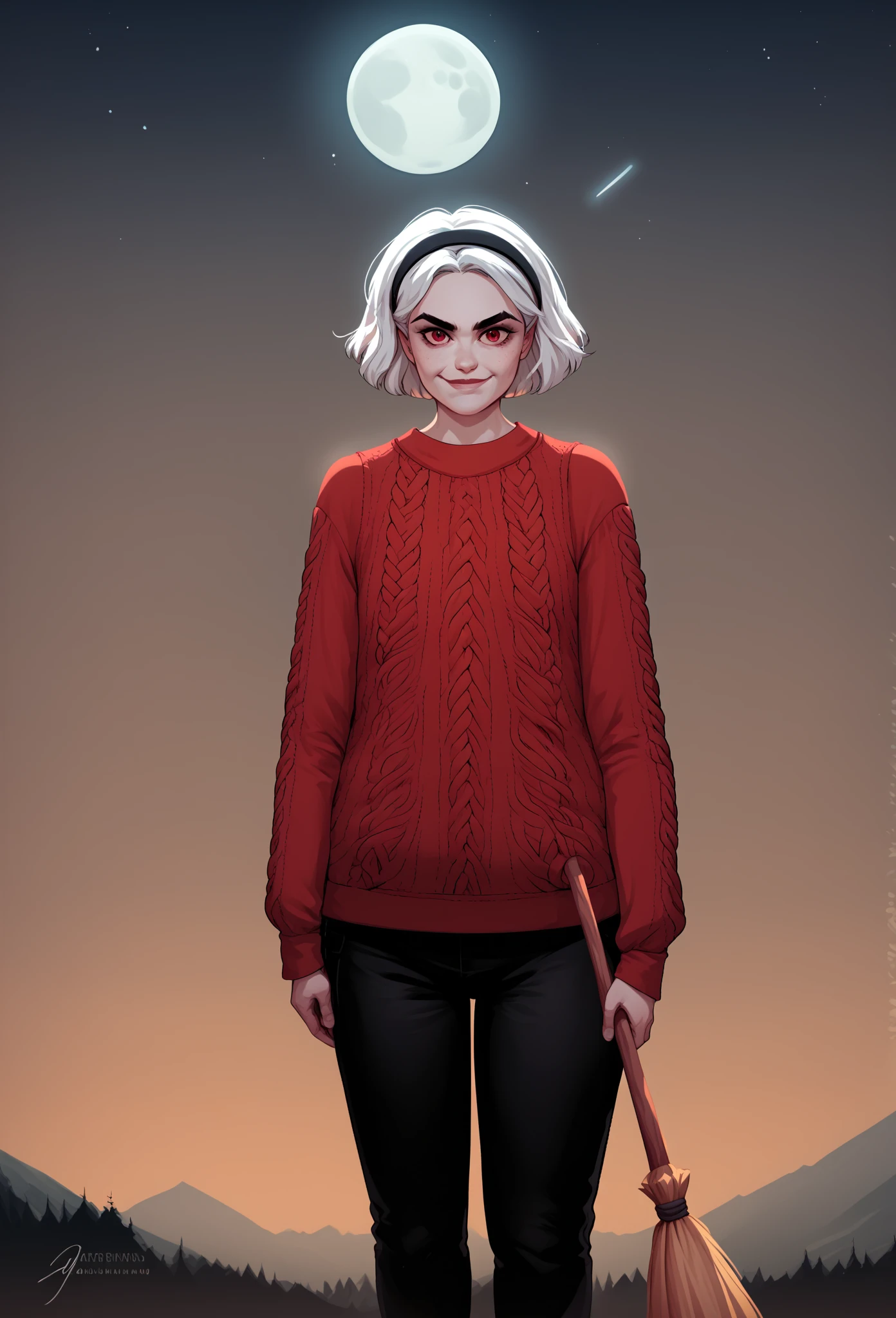 , score_9, score_8_up, score_7_up, score_6_up, score_5_up, score_4_up, looking at viewer, Sabrina(big fat body), 1girl, moon, solo, red eyes, broom, white hair, hairband, pants, sky, looking at viewer, smile, sweater, long sleeves, black pants, holding, short hair, (clothes that fit your big, fat body size).