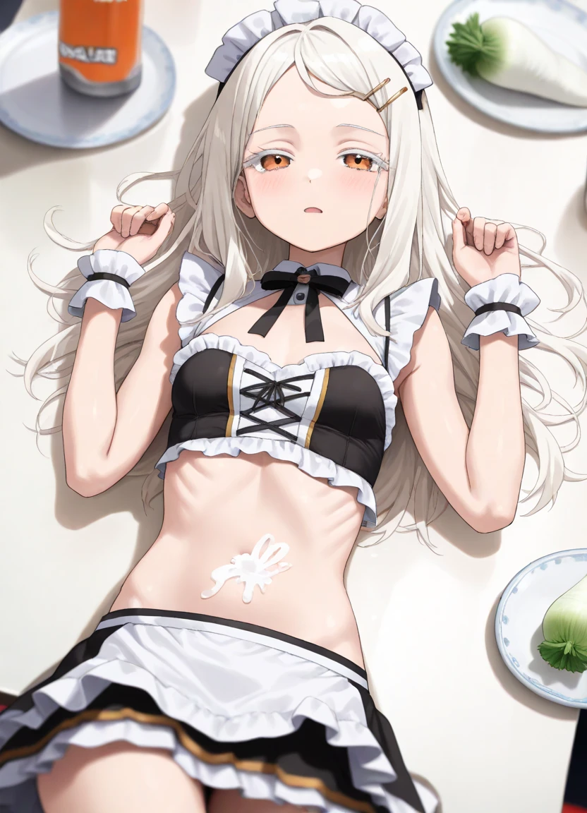 ((Masterpiece, Best Picture Quality, High Quality, Super High Quality, Depth of Field, 4K, High Definition)), Hiro Shinozawa, Slender, Sleepy eyes, Dark orange eyes, White eyelashes, White blond hair, Long hair, Hairpin, Hairpin up front, Small breasts, Thin stomach, Ribs, Small mouth, Maid outfit, Showing lower breast and belly button, Thin body,
((Idol event venue, on back on long table, Japanese radish on belly, white glue on table plate)), shy, expressionless, (smile: 0.3), open mouth, (blush: 0.5), cowboy shot