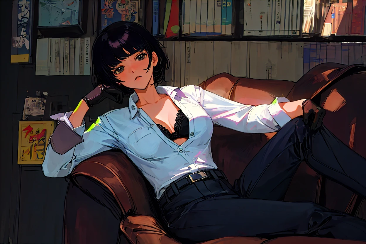 Long black hair, tan skin, brown eyes, suit, suit jacket over shoulder, white button up unbuttoned and loose, tough expression, cold expression, scars, female, woman, sitting, open legs, black suit, black suit jacket, open white buttoned shirt, black pants