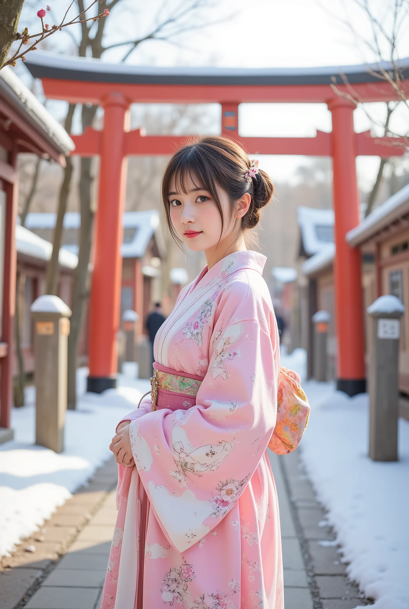 A bright winter day during the Japanese New Year. In the traditional setting of a shrine, with a red torii gate and a snow-dusted pathway, a beautiful high school girl in traditional attire visits for her first shrine visit of the year (hatsumode). She is wearing a stunning pink and white kimono adorned with delicate floral patterns, tied with an intricate obi. Her hair is styled neatly with traditional kanzashi hair ornaments. In the background, bamboo and plum branches frame the scene, along with ema (wooden prayer plaques) decorated for the New Year. Her expression is serene, with a gentle smile, conveying warmth and hope for the new year despite the cold. Soft light reflects off her kimono and the surrounding snow, creating a peaceful and radiant atmosphere.

Cow pattern pastel school uniform,
in water side,