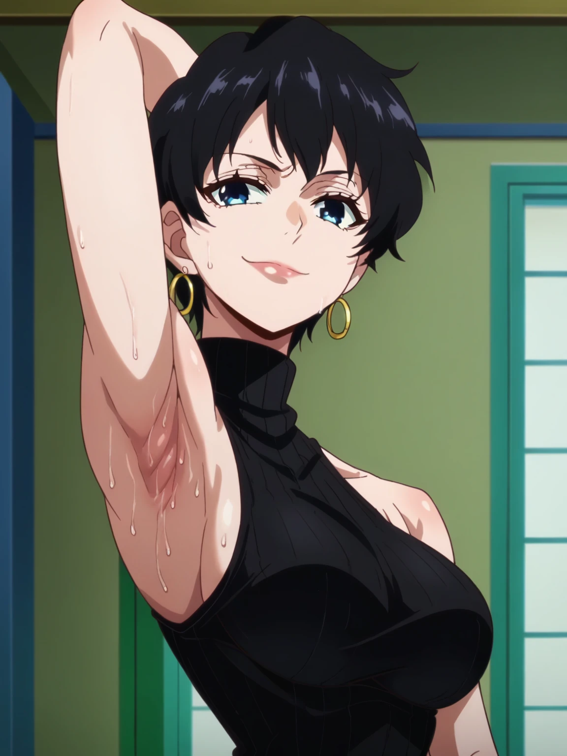 score_9, score_8_up, score_7_up, source_anime, anime screencap, 1girl, solo, Doll, black hair, blue eyes, large breasts, arm behind head, armpit, looking at viewer, head towards viewer, smile, badhandv4, closed mouth, indoors, black sweater, sleeveless sweater, ribbed sweater, turtleneck, from side, from below, earring, sweaty armpits