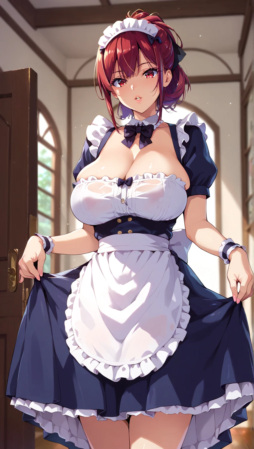 (masterpiece, best quality, ultra-detailed, high resolution, detailed eyes), takeda hiromitsu style, 1woman, (40 years old),  big eyes, voluptuous body, huge breast, cowboy shot, looking at viewer, makeup, (maid costume),red hair