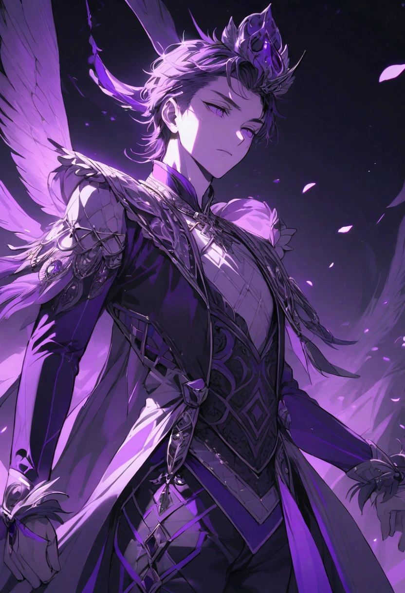 ((Masterpiece, Highest quality)), Male, boy, Detailed face, character design sheet，full bodyesbian, Full of details, frontal body view, back body view, Highly detailed, character sheet, character design, Many parts, dark skin, angel wings, short purple hair, angel outfit, masculine, male muscle, Muscle boy with purple short hair，handsome man, male angel , man tall, abs, pectoral muscle