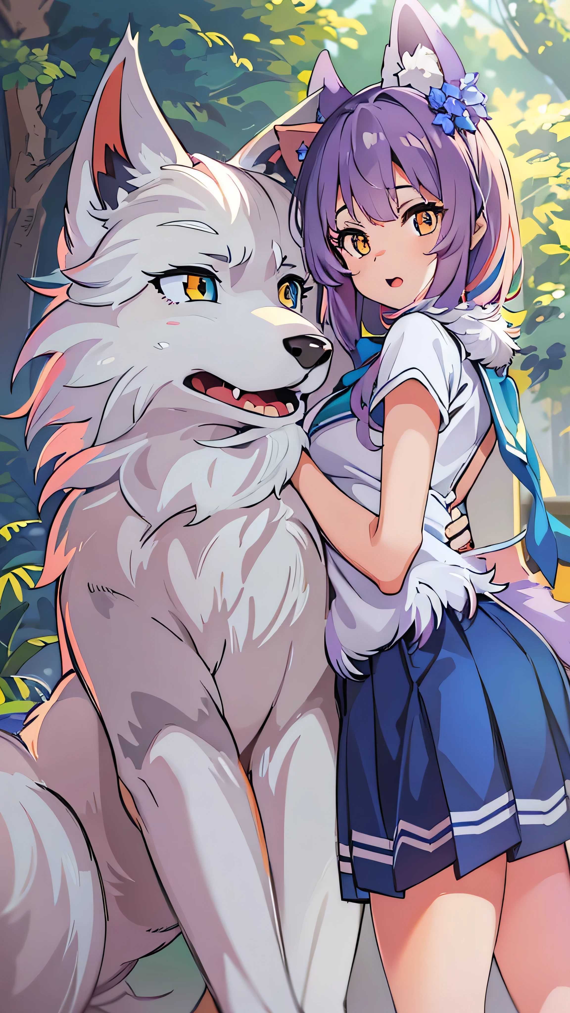    highdefinition images ，  1 girl,  face details、 Blue fur,   wolf girl  ,   medium breasts,   school uniform,   full body high quality image  、  Portrait,   colorful background, (furry:1.5)