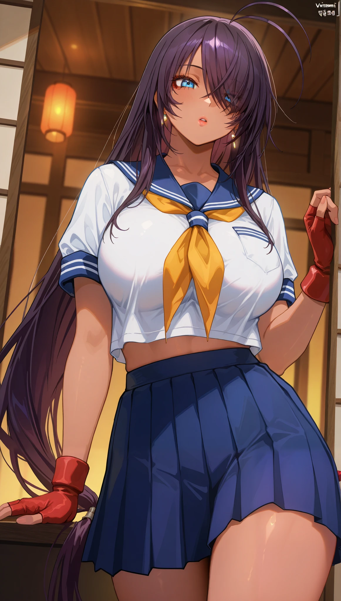 (masterpiece), (portrait), big breasts (aesthetics), ((1 female 21 years old)), Highlight earrings), ((long hair)), ((Hot crystal dark purple hair)), ((Kan' U Unchou, spiky bangs, bangs  the eyes, hair tied at the end)) straight hair, thin eyes open, blue eyes, cute, naughty, lips parted pink,, woman, feminine, beautiful, female features, top, high quality, aesthetic clothing, professional angle, (rule of thirds), (feminine), , (beautiful) , (female ) features), solo, (Korean attractive), summer, (ink haze), (afternoon), (vibrant light), seductive posture, ((face looking forward))), Kan' U Unchou, big breasts press against the blouse, school uniform, sailor blouse, short-sleeved blouse, blue pleated skirt, short red fingerless gloves, cool look, sensual ((Energy)), (Bold Makeup), (big breasts), Fair Skin, (Clothes with Hip Hop Details), (a hot Kan' U Unchou, sculptural body, sexy pose), (Sleep Neckline), Beautiful Hands, Body beautiful, beautiful ears, beautiful eyes, bright eyes, beautiful mouth, beautiful lips, traditionally japanese house,  body inclined all sensual