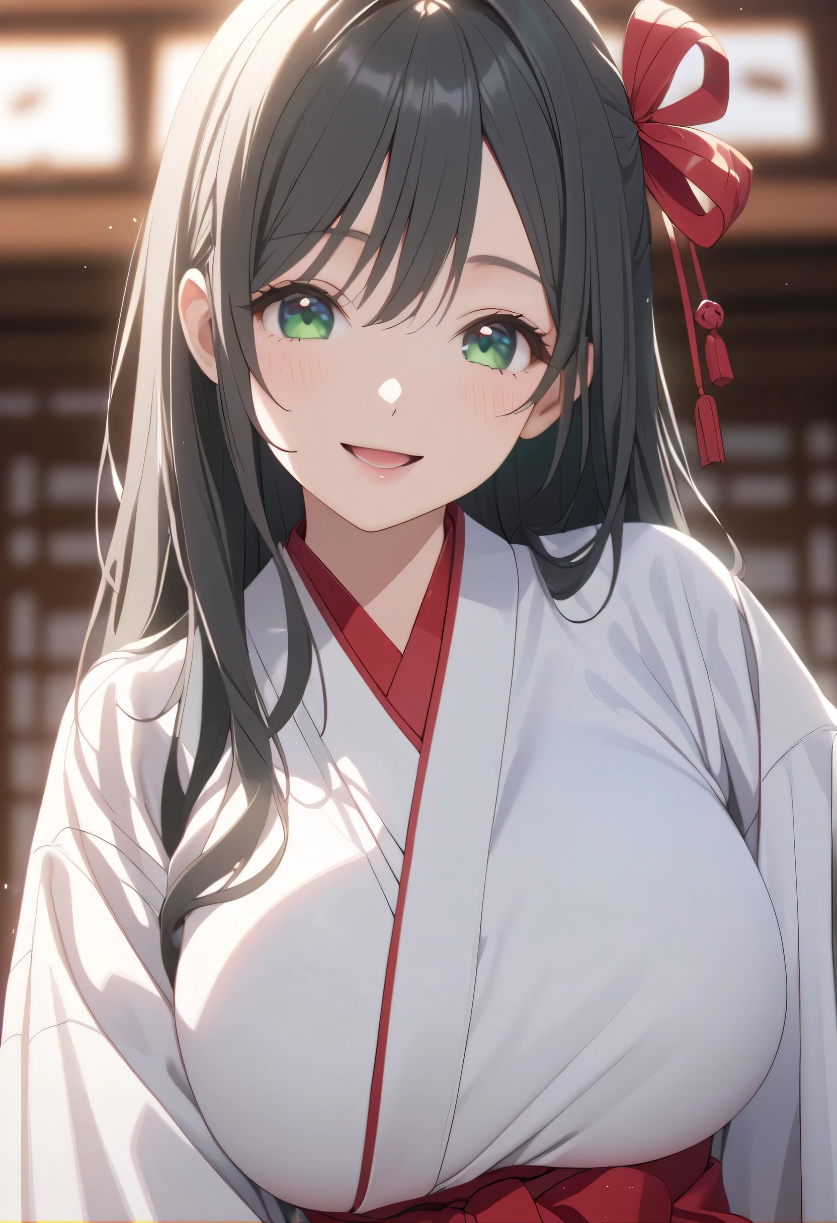 ((ultra-detailed)),   (highly detailed CG illustration),  (best quality:1.2),  ultra-highly detailed,  colorful composition, artistic photoshoot, score_9, score_8_up, 1girl, solo focus,  amagamiyae, black hair, green eyes, red ribbon, hair ribbon, japanese clothes, miko, hakama skirt, red hakama, white kimono, huge breasts, wide sleeves, looking at viewer, slight smile, standing by the Shrine precincts, Torii gate, portrait, depth of field, soft lighting, sidelighting, (shine), lighting, caustics, ray tracing, smile, perfect face, lustrous skin, highly  detailed face, highly detailed eyes, perfect face, perfect nose, perfect hair, perfect eyes, perfect anatomy, beautiful hair, beautiful small face, extremely detailed face, beautiful detailed eyes, beautiful clavicle, beautiful body, beautiful huge breasts, leavage, breasts squeezed together, equalize the size of the left and right breasts, beautiful thin thighs,  beautiful legs, beautiful fingers, 4 fingers, 1 thumb, lovely, (very detailed background:1.0), (highly detailed background:1.0), winter aesthetic, intricate details, joyful atmosphere, winter colors palette, chromatic aberration