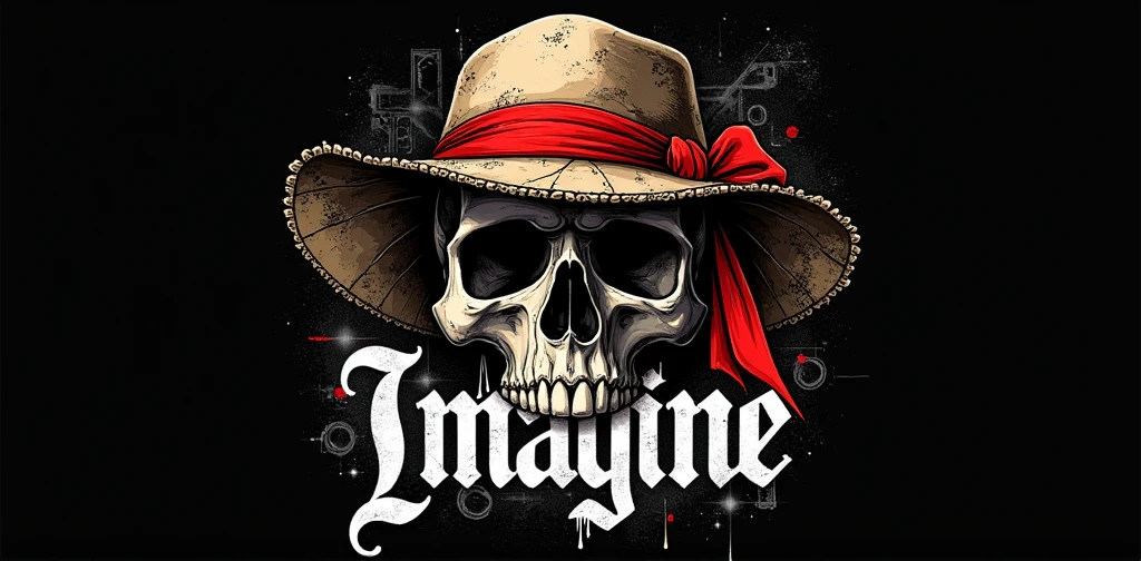 **/imagine prompt: A dark and intricate digital design featuring a hyper-detailed skull wearing a weathered straw hat with a vibrant red ribbon tied around it, surrounded by abstract graphic elements and gothic typography, bold white text layered with geometric shapes and subtle grunge textures, sharp contrast against a solid black background, ultra-realistic lighting, high detail, 8K resolution, perfect for streetwear desing