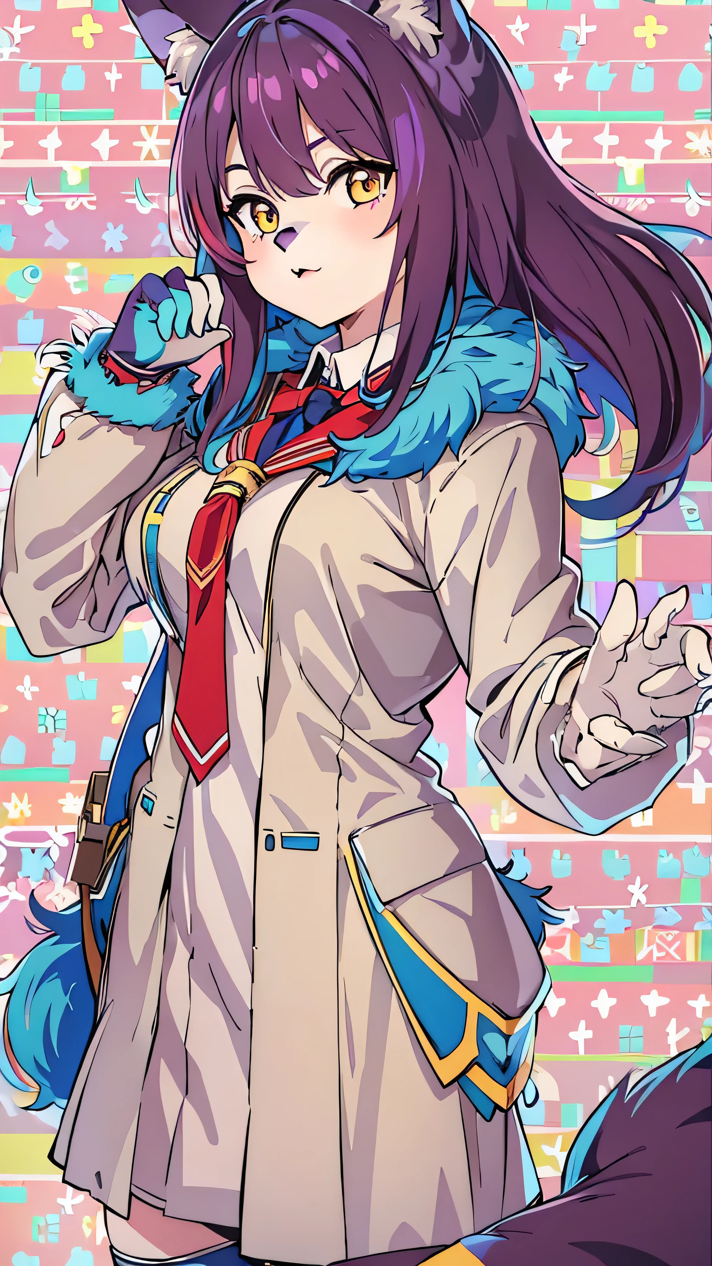 highdefinition images , 1 girl, face details、 Blue fur, wolf girl , medium breasts, school uniform, full body high quality image 、 Portrait, colorful background, (furry:1.5)