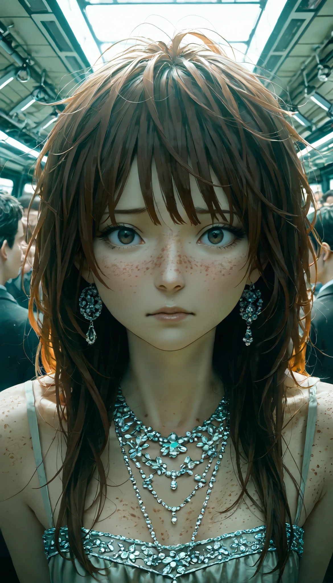 a masterpiece, best quality, highly aesthetic, 1 girl, messy hair, just woken up, surrounded by people in the metro, embarrassed, detailed face, detailed eyes, detailed lips, long eyelashes, portrait, cinematic lighting, dramatic shadows, muted color palette, moody atmosphere, photorealistic, 8k, hyper detailed, redhead, beautiful freckles, intricate fashion, elegant dress, delicate jewelry, pensive expression, cinematic composition, dramatic pose, dynamic perspective, masterful rendering, stunning realism