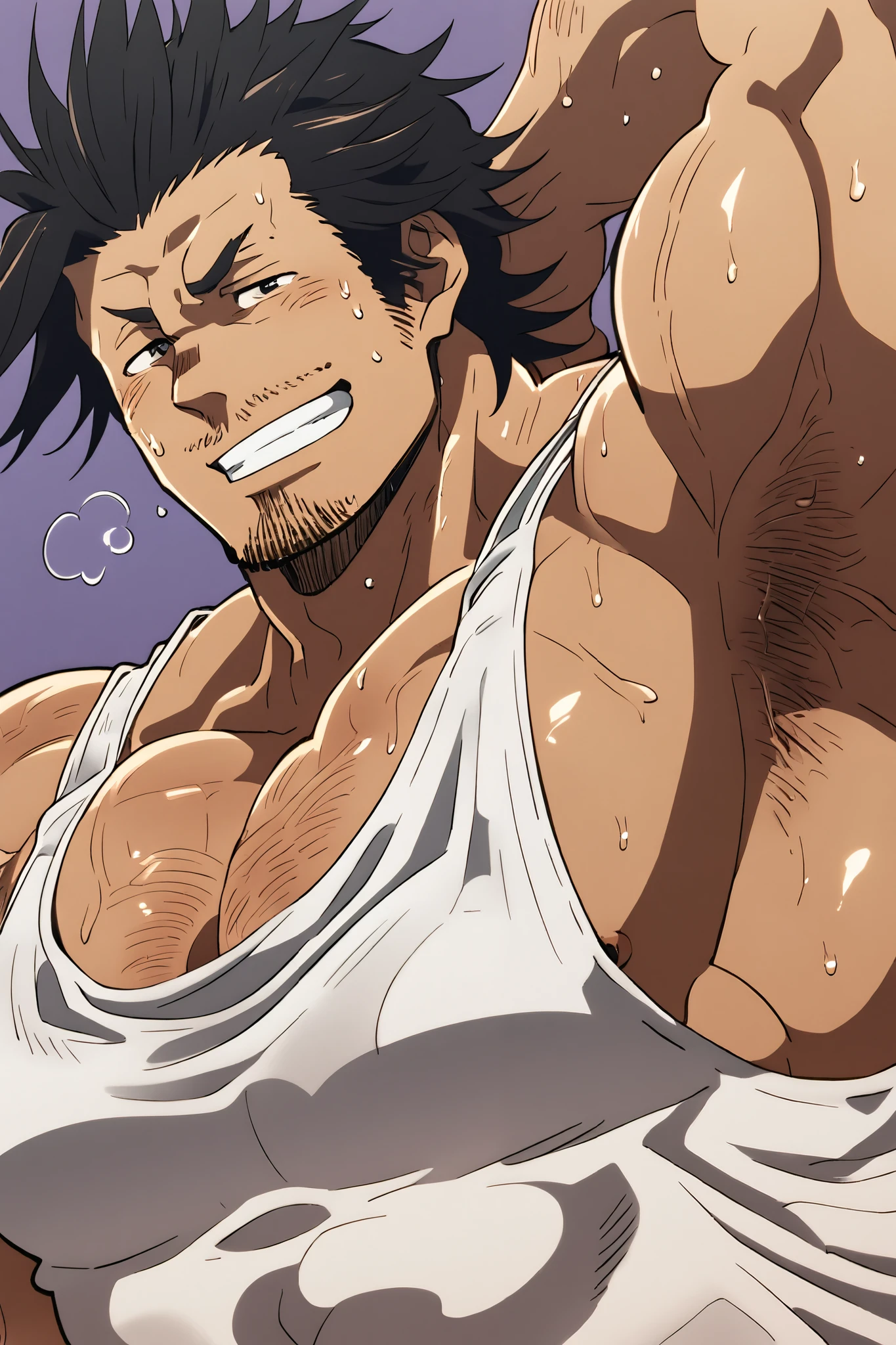 (Yami Sukehiro:1.3),  muscularity，beard， black hair， tank top，sweat，Huge pectoral muscles， grins，(服にsweat染み:1.3)，hairy body ， show armpits 