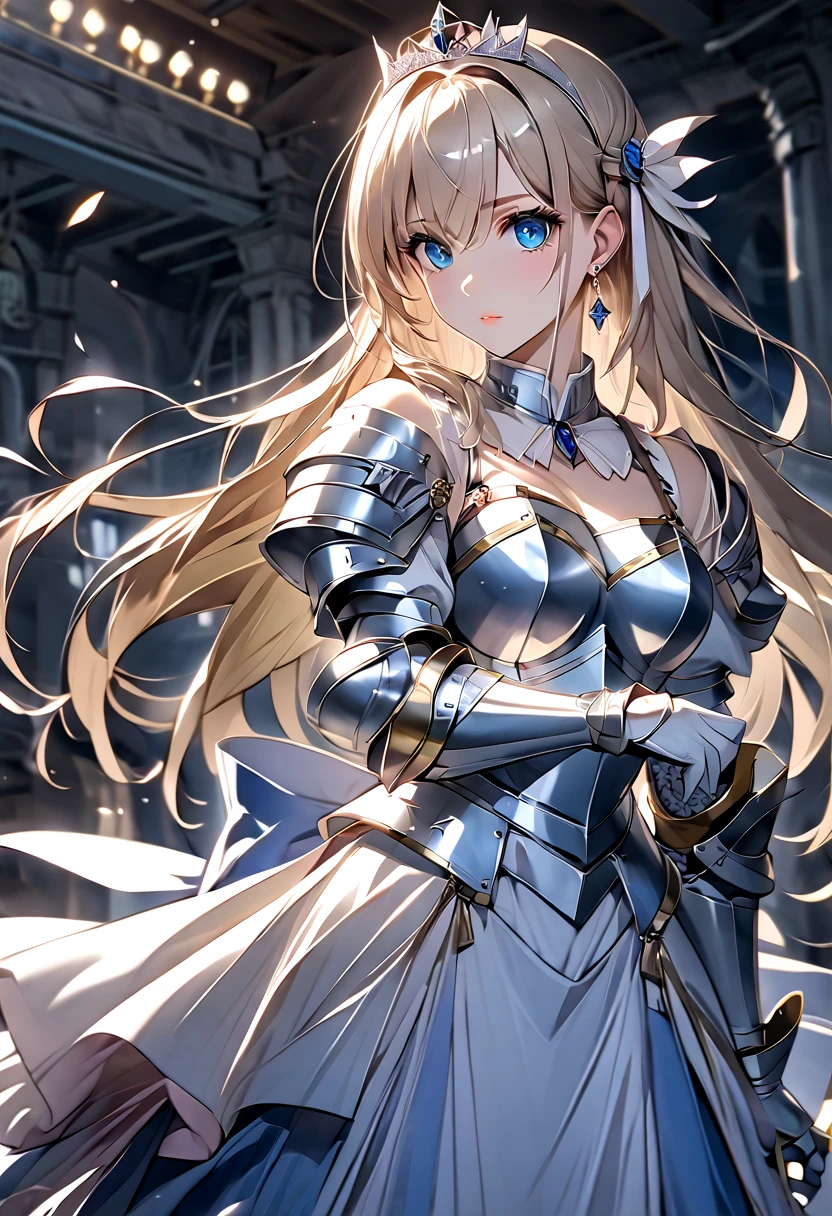 ((masterpiece)),  top quality ,  very detailed,( one girl), Knight Princess , Celia Kumani Aintree long hair,  blondes,  drill hair,  hair band ,  hair accessories, Blue Eyes, High gradation eyes,  hair tube,  dress, Dark Blue,  dress,  gloves, [Bare shoulders,   jewelry,  clevis on a stone,  princess, elbow  gloves, tiara ,brooch,white  gloves、 adult female 、thin、 very beautiful、 beautiful faces、(((Blue and silver armor、breastplate、 gauntlet、Shin guards、 shiny armor:1.2)))、 gold earrings、Golden Hair, Blue Eyes,  pink lips,  cowboy shot 