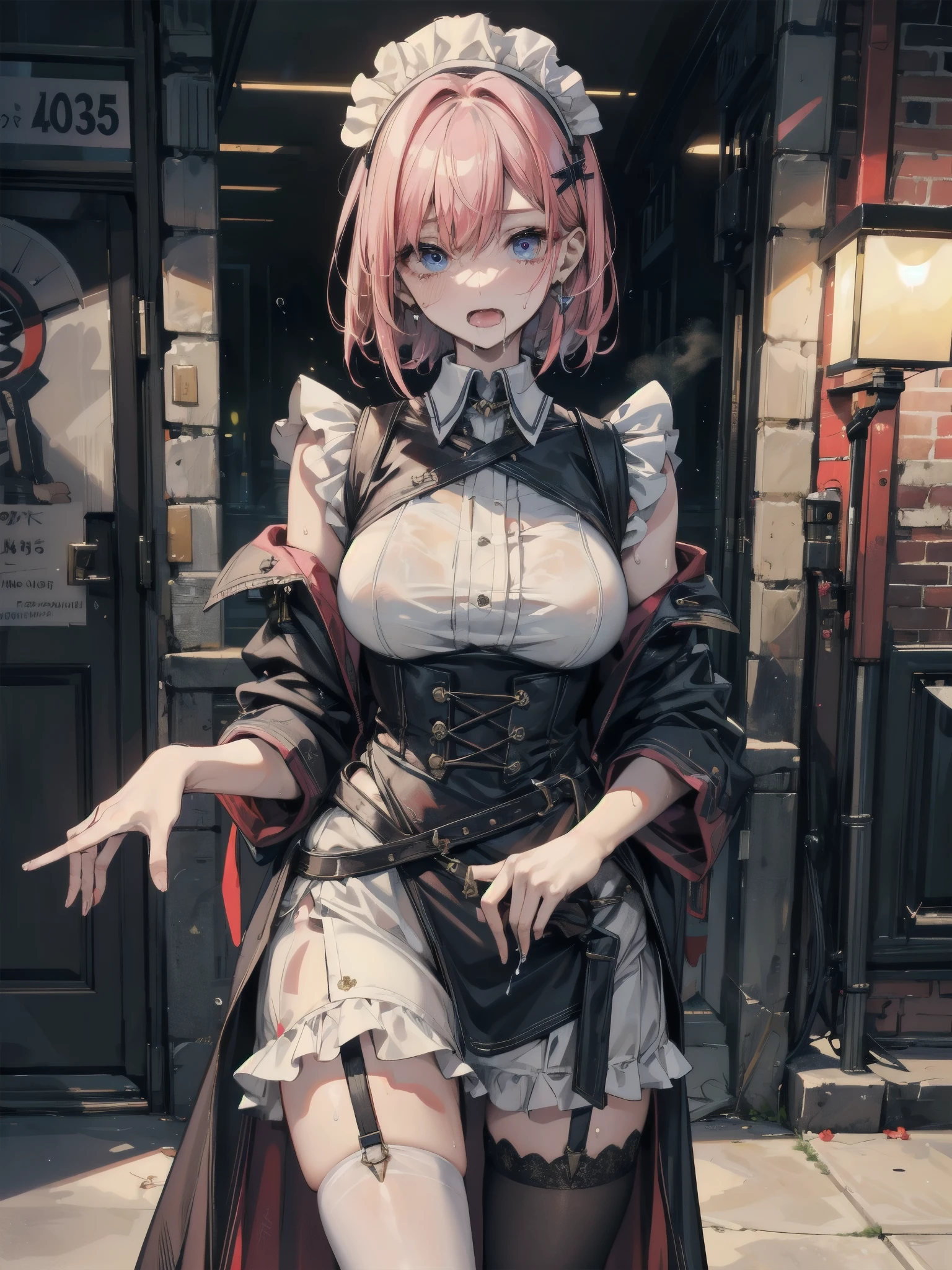 ((Biologically correct limb count))、(( From head to toe、Full-body photo including face))、4K、((Standing position))、masterpiece、((Focus on the face))、((Symmetrical facial features))、Eyes with detailed description、Beautiful woman、Great style、Beautiful arms、Beautiful legs、Beautiful Hands、(Small Ass、Thin thighs)、Facial detailing、Small earrings、necklace、(beret、Red and black leather gothic dress、((High heels、Patterned stockings)))、((Standing in front of an old castle in the setting sun, looking up))、Close-up photo of the upper body、Silk gloves、(((Platinum pink hair)))、(Thick fog)