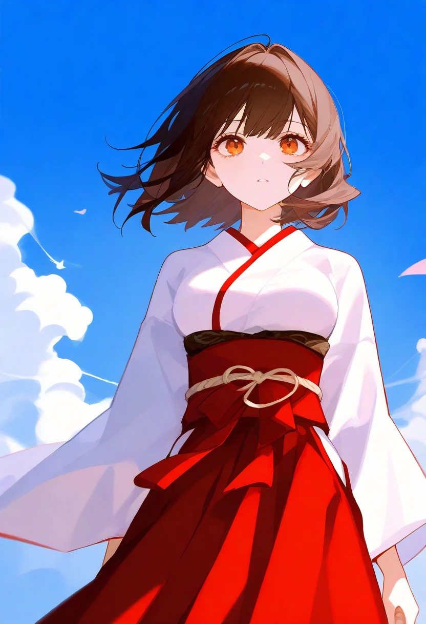  anime girl image, beautiful, Japanese girl,  delicate features ,  short dark brown hair , orange eyes, light skin,  medium breasts ,  slim body,  She measures 1'59 cm  , She wears a white kimono ,  obi red and hakama black , He is 18 years old.  Blue sky with beautiful white clouds in the background.  Looking straight ahead.