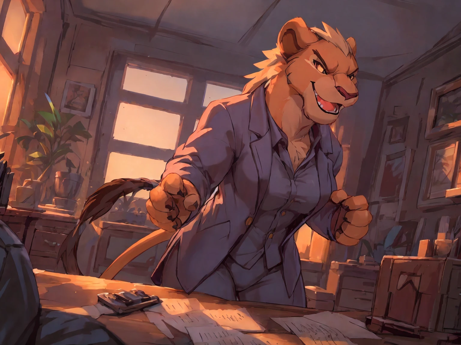 lion, (female:2), elegant demeanor, toothy smile, button-up shirt, blazer, slacks, standing, doing Self-Introduction, in office, in the morning, masterpiece, (16K), HD, Various facial details, detailed background, very detailed, dynamic poses, Eyes details,  high resolution, high quality, correct anatomy
, cartoon, by lindong, by null-ghost