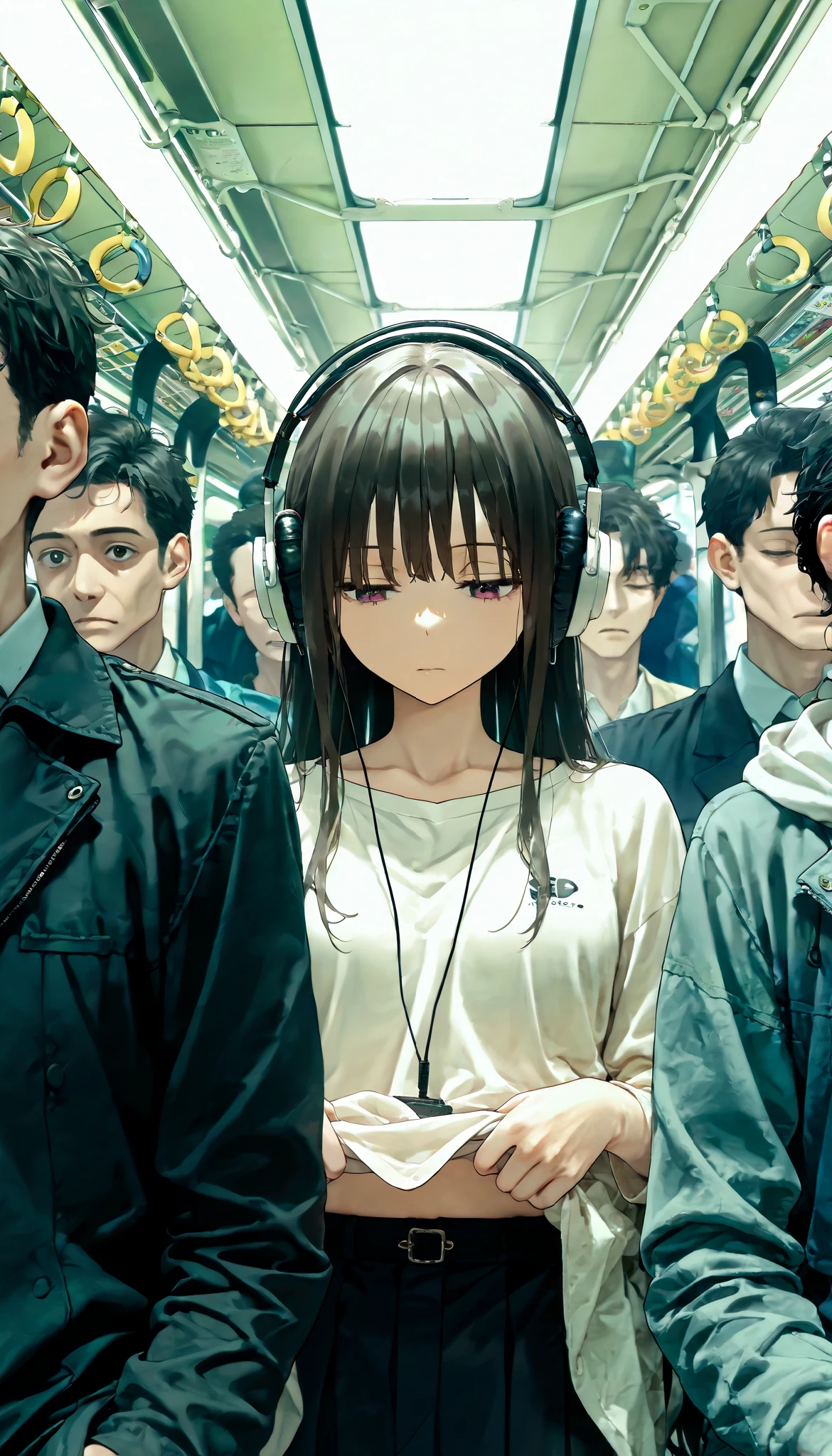       masterpiece  ,     best quality,       very aesthetic  , 1 girl ,disheveled,freshly lifted , surrounded by people in the subway,Thinking about something else ,distracted, headphones with relaxing music 