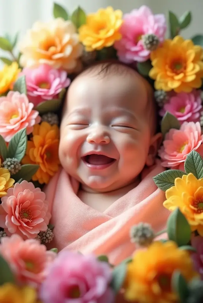   A small newborn baby with yellow flowers on her head, Happy re .