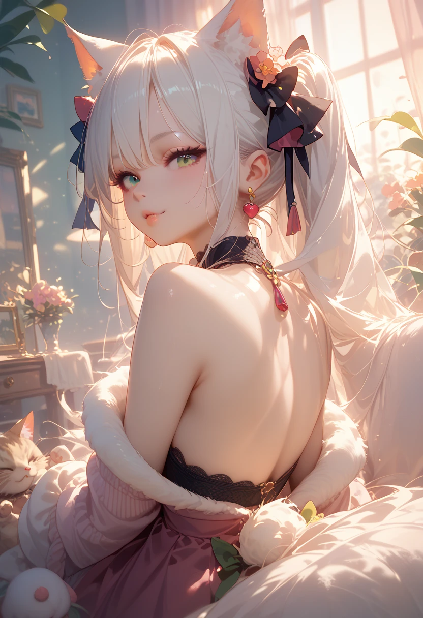 ((Highest quality)), ((masterpiece)), (detailed), A large amount:1.2),extremely detailed cute anime face, (((Flat Chest))), (Flat Chest:1.1),((((Short Bob Hair)))),Complex eyes,beautiful detailed eyes,Symmetrical eyes,(((detailed face))),beautiful detailed lips, If you look at this, (((Embarrassing))),(emotional expression),(My heart is pounding with anticipation.), A translucent white dress reveals her skin、String panties,Aboard,Open your mouth ,Heavy breathing ,((blush)),((((Backwards)))),Stick your butt out、Show me your ass、A single chrysanthemum flower blooms in my asshole、Looking up at the sky、Purple panties、On all fours