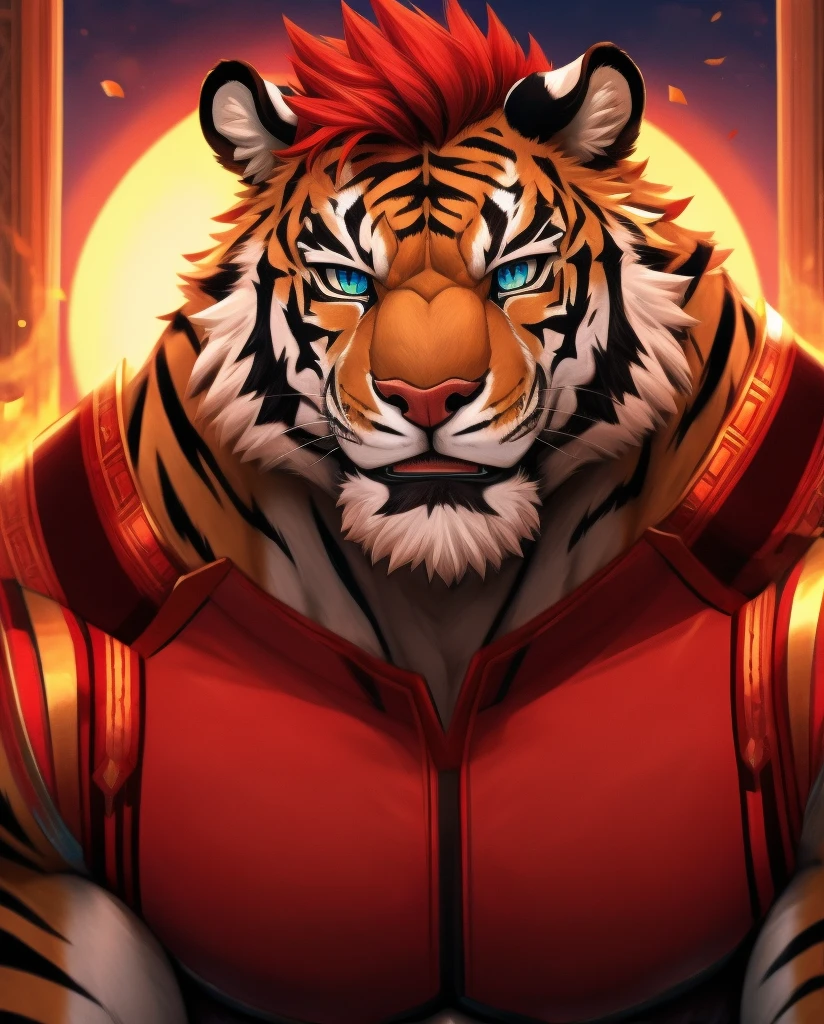 a muscular anthro tiger with red hair, detailed face and eyes, full body