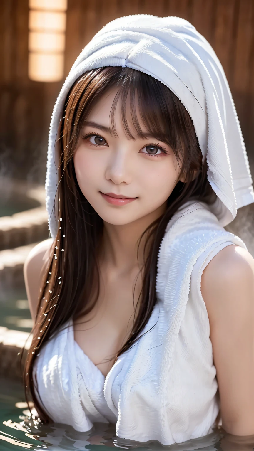 (Immerse yourself in the hot spring up to your shoulders : 1.5), (upper face : 1.5), (Roll up a towel : 1.5), young and adorable Japanese face, Official Art, high definition CG Unity 8k wallpaper,Ultra high definition ,Very detailed, half photos with Brazil, high definition , Kodak Portrait 400, film grain , lens flare glow, best quality,8k, as a portrait shot,8k, Show viewer, (( best quality)), ( super detailed), smile, (( sexy)), (( Very detailedな)), (detailed clothing features), (beautiful), Illustration, beautiful Japanese woman, ((1 female))