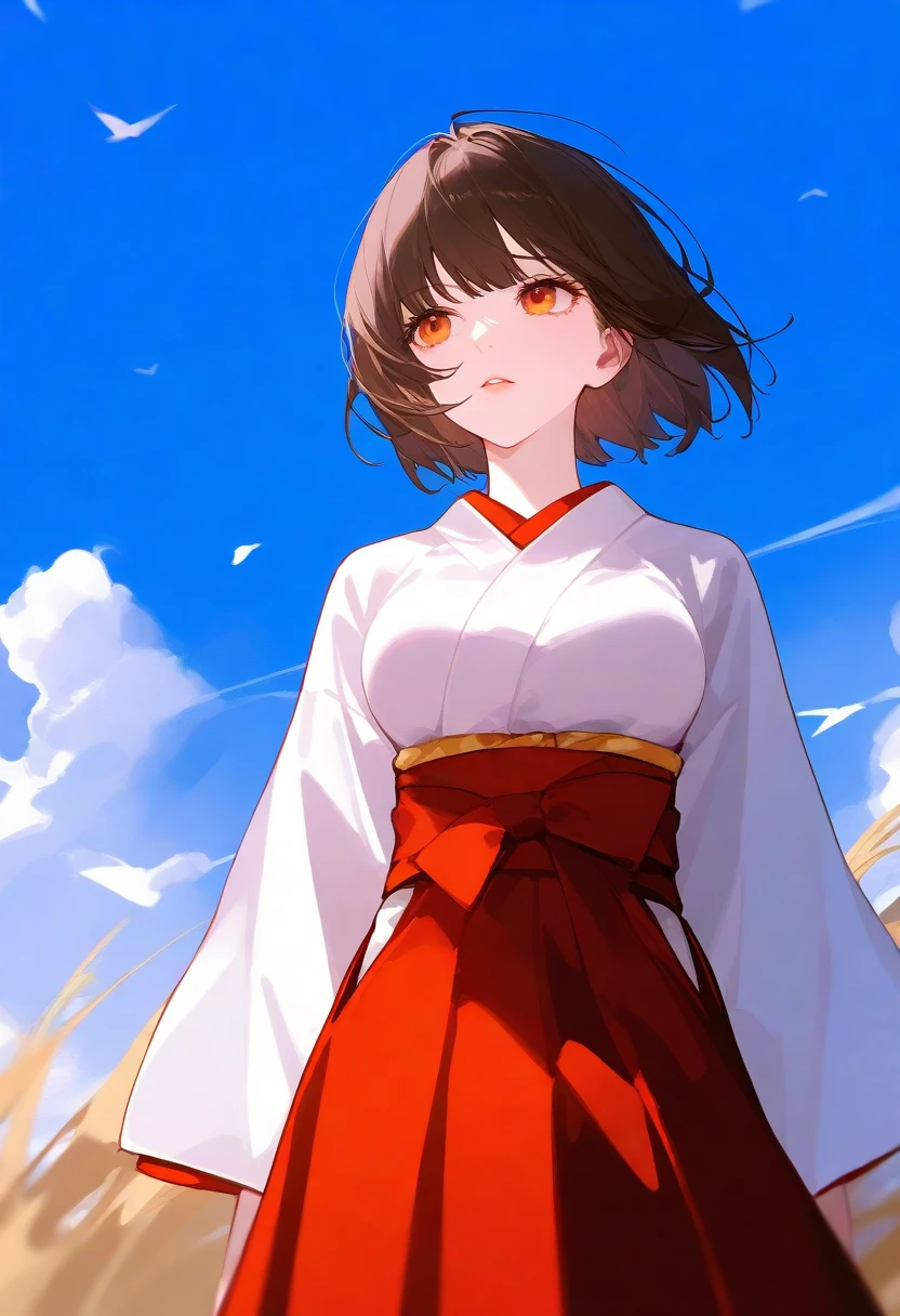  anime girl image, beautiful, Japanese girl,  delicate features ,  short dark brown hair , orange eyes, light skin,  medium breasts ,  slim body,  She measures 1'59 cm  , She wears a white kimono ,  obi red and hakama black , He is 18 years old.  Blue sky with beautiful white clouds in the background.