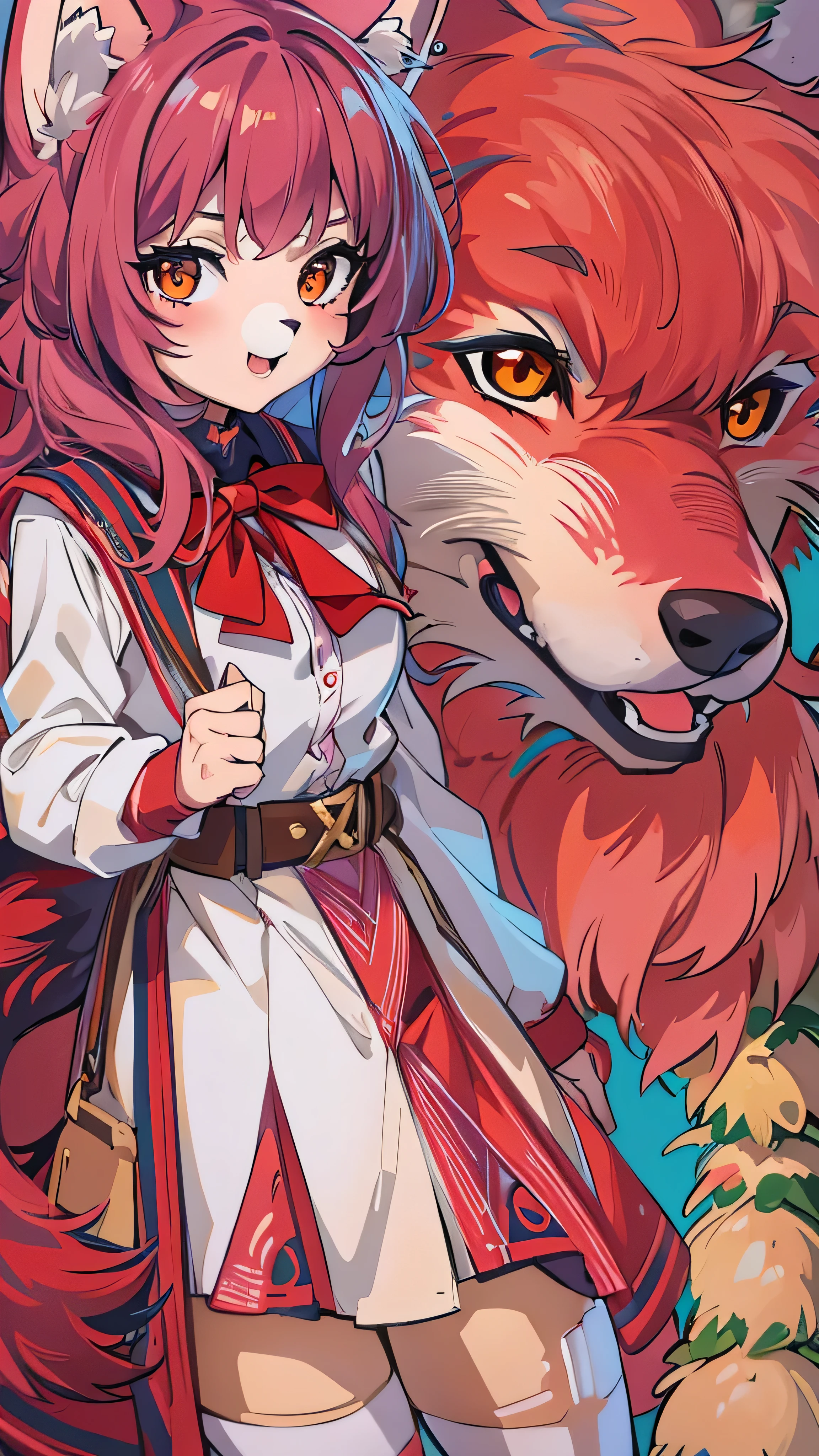    highdefinition images ，  1 girl,  face details、 Red fur,  like Wolfgirl ,   medium breasts,   school uniform,   full body high quality image  、  Portrait,   colorful background, (furry:1.5)