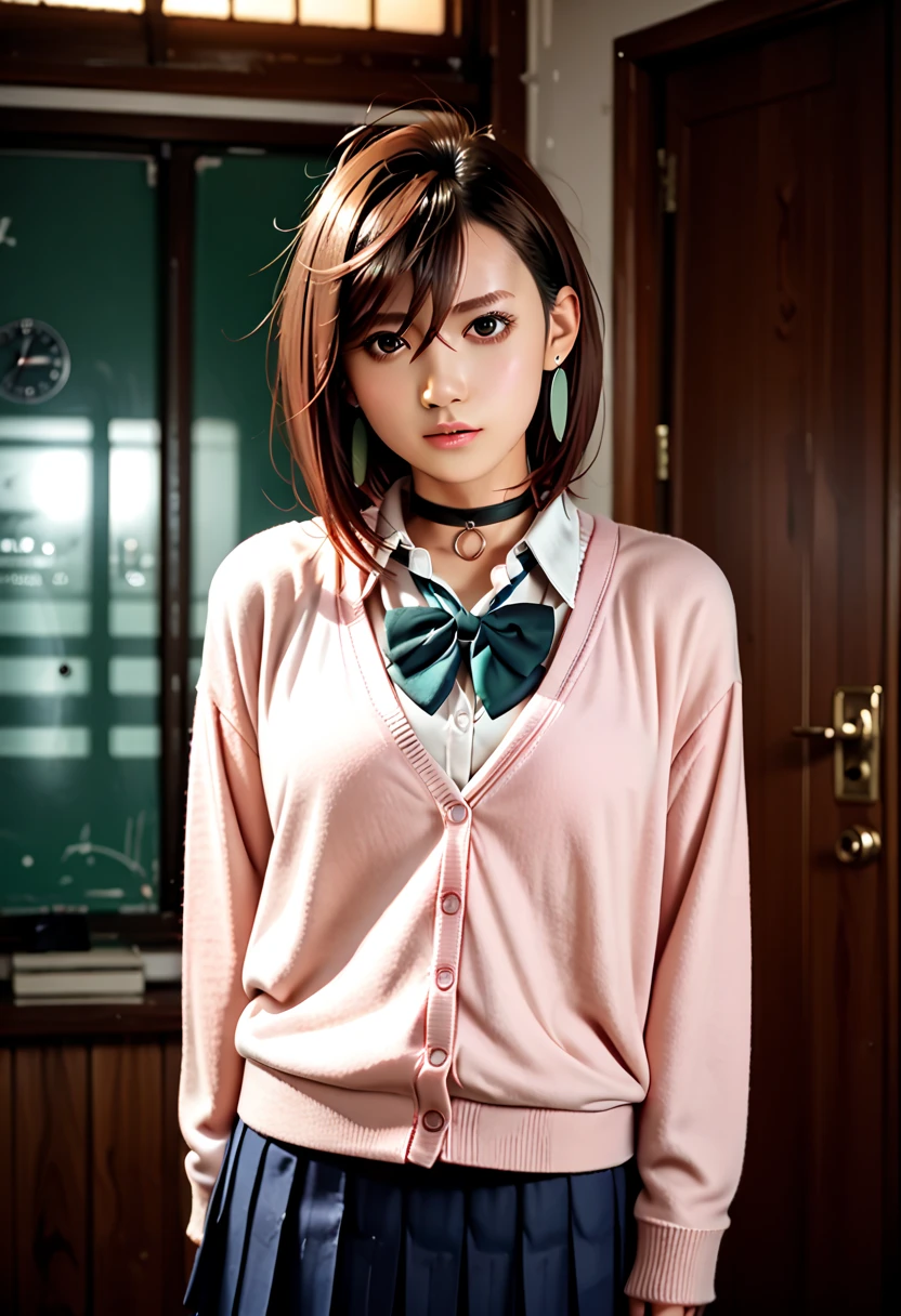 extremely high quality photo, Momo Ayase, sharp focus, realistic, source_photo, proper alignment, young Japanese model, glamorous, sexy, seductive, portrait, detailed face, medium hair, brown hair, brown eyes, large breasts, chocker, choker, red bowtie, (pink cardigan:1.2), long cardigan, long sleeves, blue skirt, pleated skirt, school uniform, short skirt, earrings, loose socks, white socks