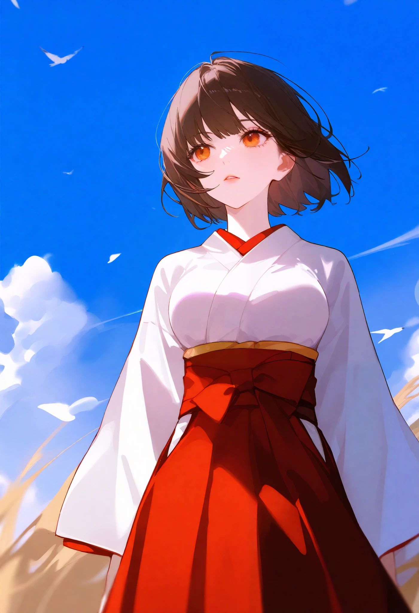  anime girl image, beautiful, Japanese girl,  delicate features ,  short dark brown hair , orange eyes, light skin,  medium breasts ,  slim body,  She measures 1'59 cm  , She wears a white kimono ,  obi red and hakama black , He is 18 years old.  Blue sky with beautiful white clouds in the background.