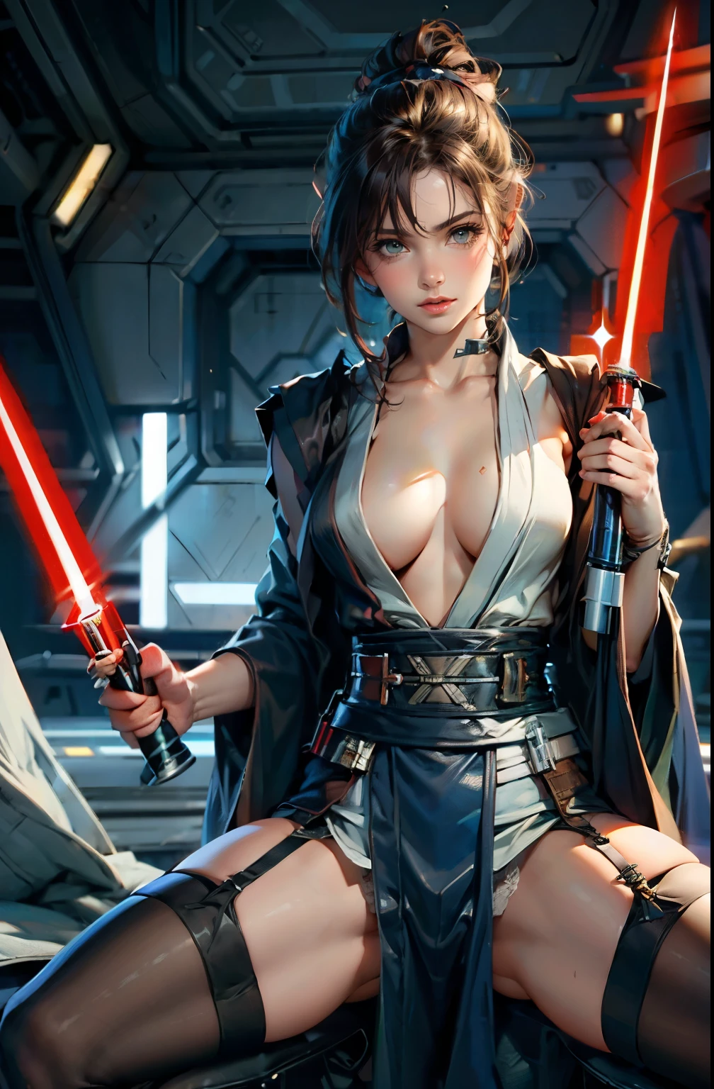 araffe star wars sexy woman with lightsabed sword in a bikini, amouranth, skywalker, better known as amouranth, female jedi, with lightsaber sword, amouranth as a super villain, holding lightsaber 4 k, with light-saber, star wars character, holding a lightsabre. splash art, rey, korean girl, beautiful young korean woman, korean woman, heonhwa choe , big breast, show breast, light yellow hair