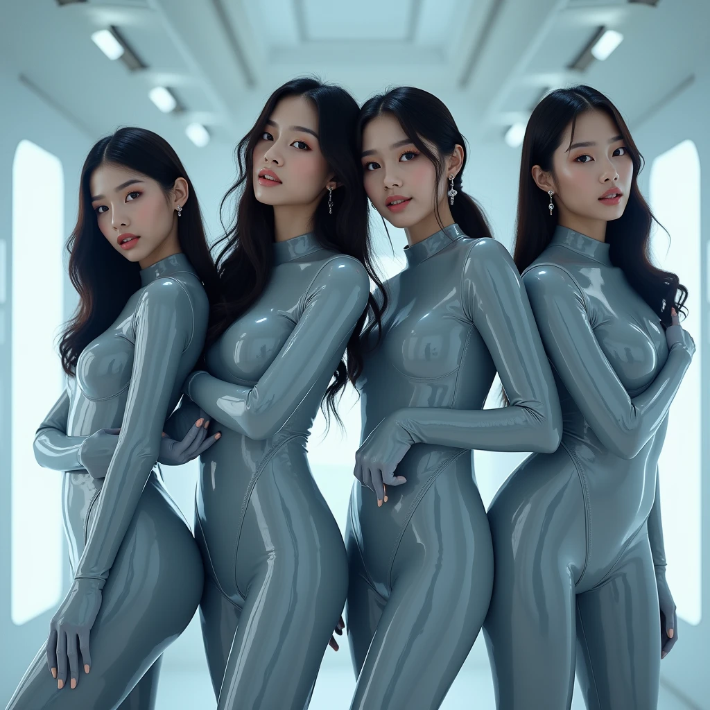 young space babe Sexy reflective metallic long-sleeved shiny silver leotard that extends over her hands like gloves Tall neck with a wide vertical white stripe that runs from the neck down to the groin High-cut, super tight, and form-fitting mirror metallic fabric leotard Legs and Footwear: Bare legs paired with long boots Physical Features: Very curvy, sexy, big chest, shapely bodies, sexy bare legs Accessories: Goggles, retro raygun Background: Blank background, nude legs, space ship, sci-fi