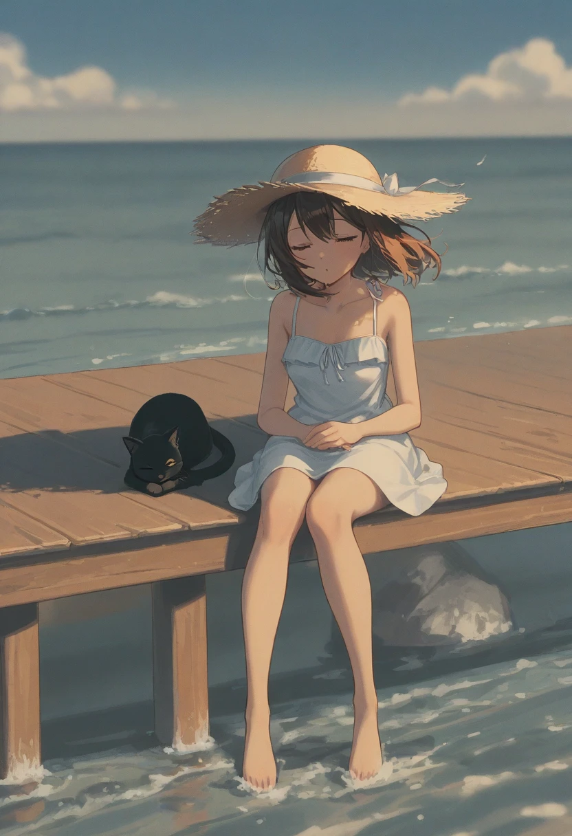 A black cat next to a cute girl, sunbathing on a sunny pier, the girl is wearing a straw hat and a summer dress, sitting on the pier, the wind is blowing, 8K quality