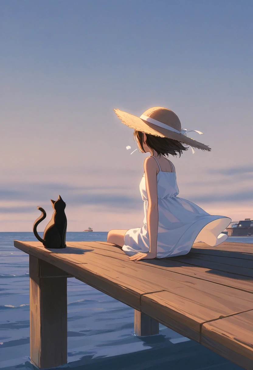 A black cat next to a cute girl, sunbathing on a sunny pier, the girl is wearing a straw hat and a summer dress, sitting on the pier, the wind is blowing, 8K quality