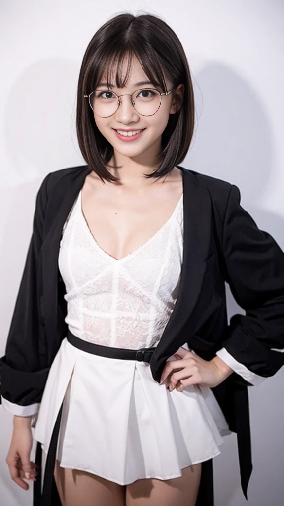 (masterpiece), (8k, best quality, high resolution), (ultra-detailed, realistic), (anatomically correct),
((from head to thighs)), (Standing), (No background),
(1woman), (looking at viewer), ((pull the dress up to the navel)), (To show the navel),
(A Japanese woman, 30 years old and 155cm tall),
(black hair), (straight hair), (short hair style), ((bob cut)), (hair behind ears),
(wear glasses), ((black cell frame glasses)),
((Wear a navy blue spaghetti strap dress)), ((Mini length dress with a simple design and minimal decoration)),
(wear panties), ((white panties)),
(Create a detailed image of the eye),
(Her impression is pure, clean and kind.),
((A captivating smile, just showing a few teeth.)),