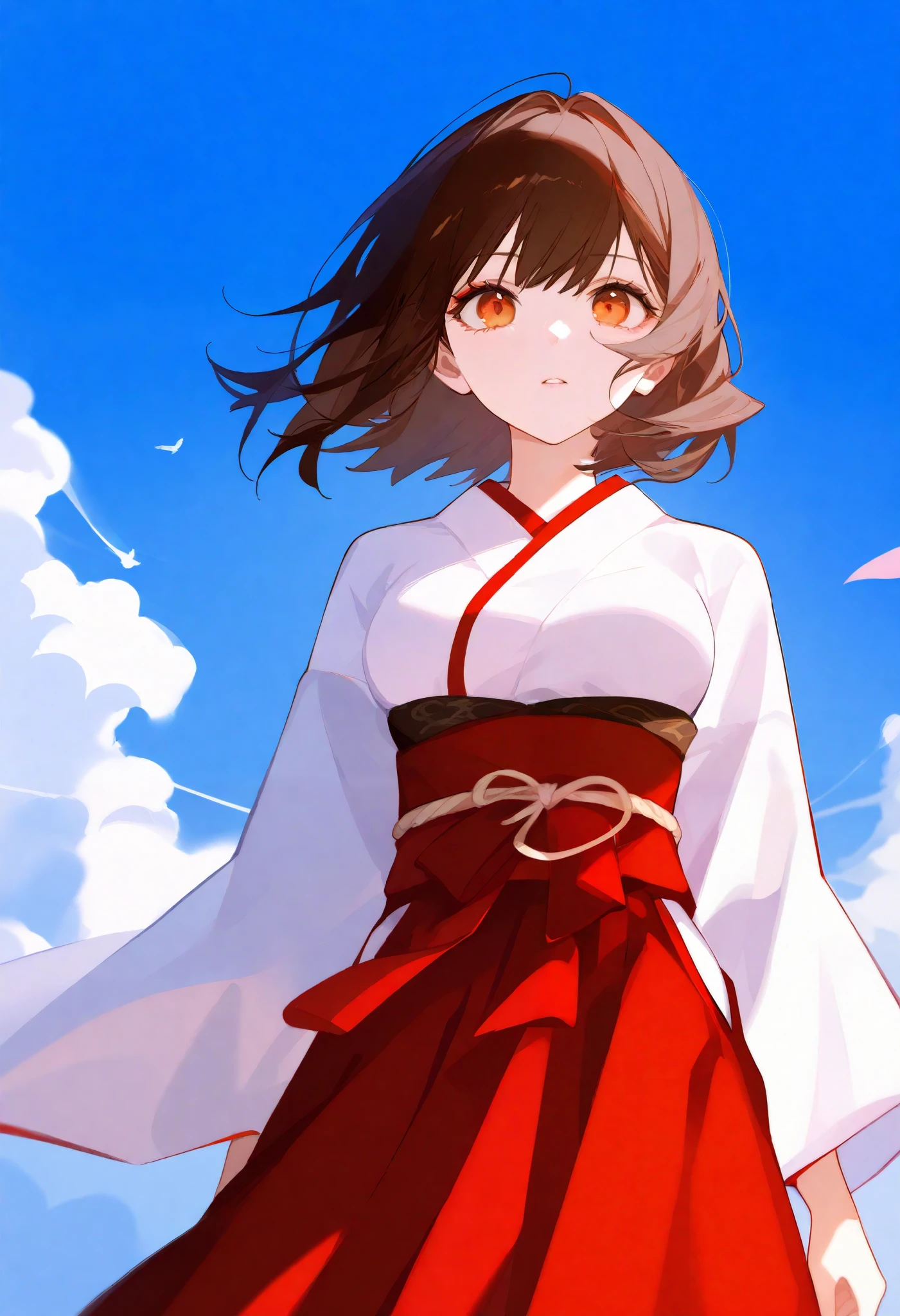  anime girl image, beautiful, Japanese girl,  delicate features ,  short dark brown hair , orange eyes, light skin,  medium breasts ,  slim body,  She measures 1'59 cm  , She wears a white kimono ,  obi red and hakama black , He is 18 years old.  Blue sky with beautiful white clouds in the background.  Looking straight ahead.