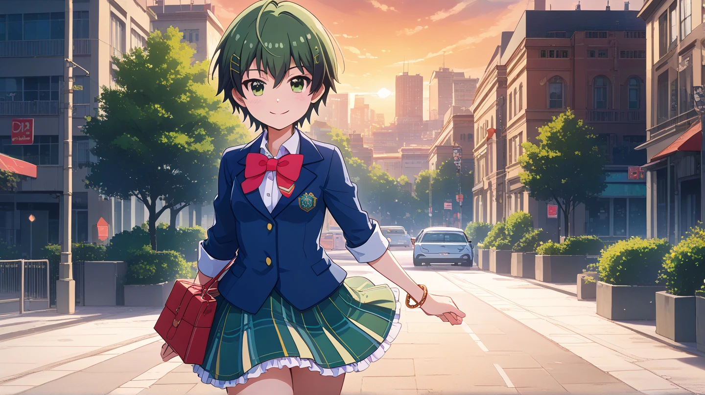 (masterpiece, best quality), highly detailed background, perfect lighting, best quality, batogasubaru, solo, looking at viewer, smile, green hair, ahoge, hair between eyes, hairclip, short hair, green eyes, medium breasts, blue jacket, blazer, red bowtie, sleeves rolled up, bracelet, green skirt, plaid skirt, school uniform, walking, outdoors, Los Angeles (city), building, sidewalk, sunset