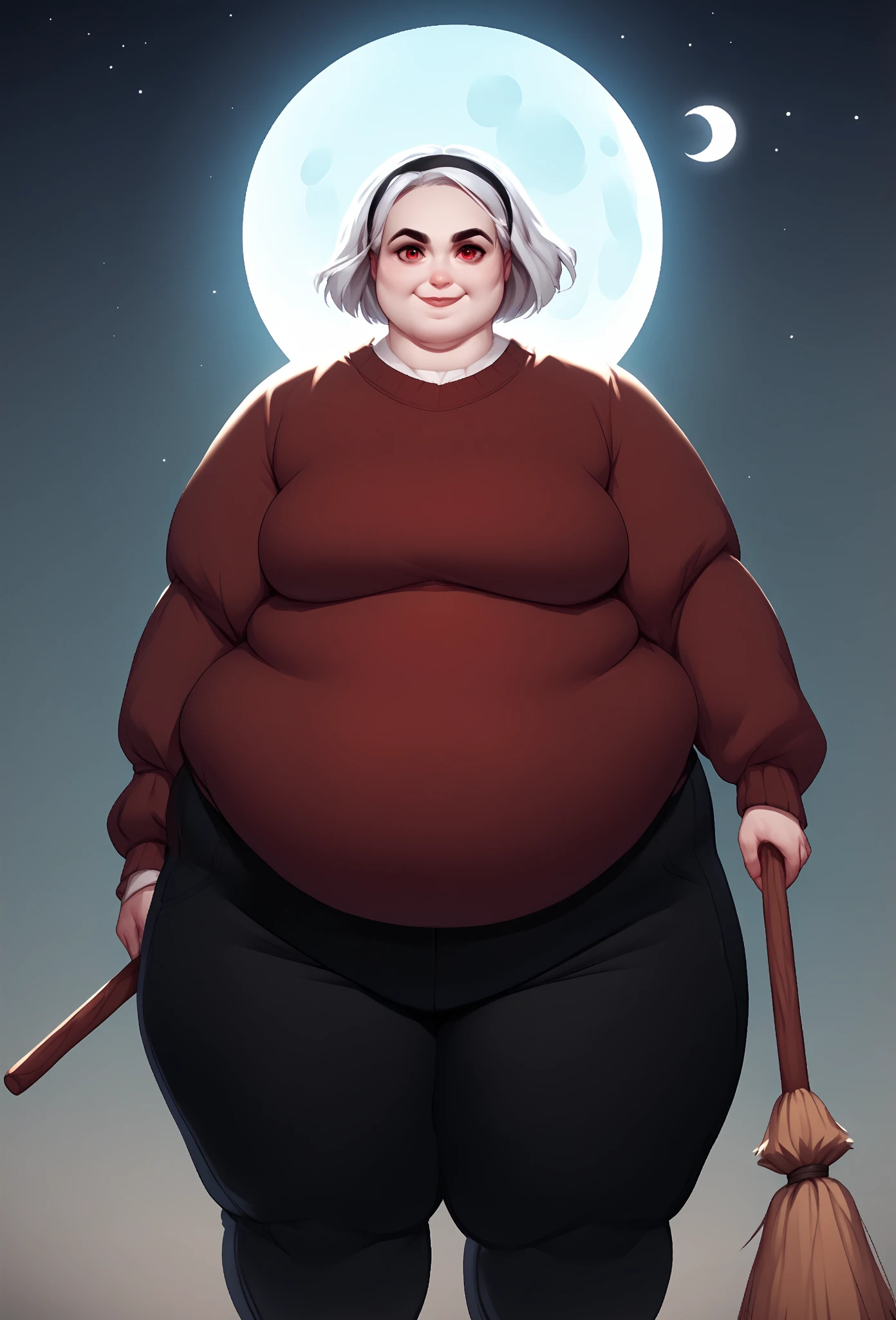 , score_9, score_8_up, score_7_up, score_6_up, score_5_up, score_4_up, looking at viewer, Sabrina(big fat body), 1girl, moon, solo, red eyes, broom, white hair, hairband, pants, sky, looking at viewer, smile, sweater, long sleeves, black pants, holding, short hair, (clothes that fit your big, fat body size).