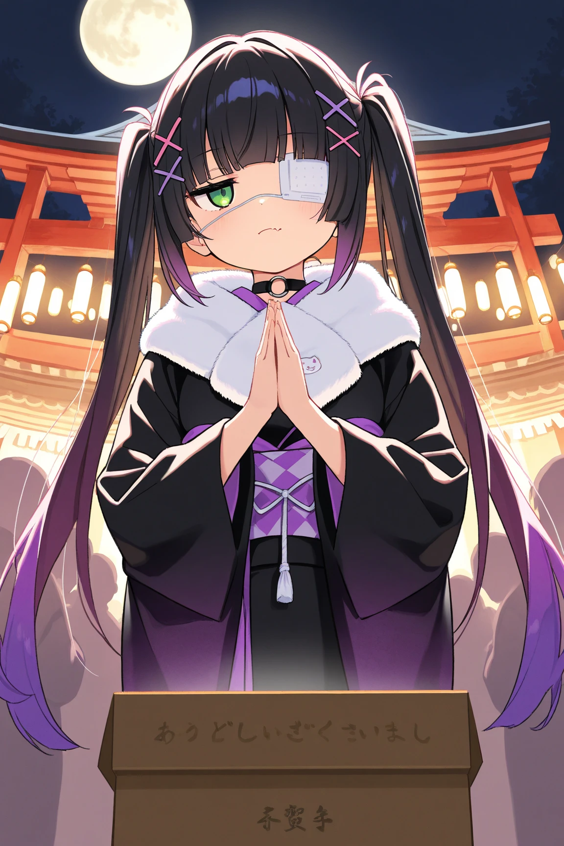 1girl,chibi:1.4,(Twin tails),Black Hair,purple hair,gradient hair,Very long hair,hime cut,skin fang,jitome,green eye,o-ring choker,x hair ornament,heart hair ornament,(=_=),3,open mouth,BREAK black kimono,layered kimono,long kimono fur scarf,,flirting,snowflakes,full body,arm up,outstretched arm,gradient background,pastel colors,masterpiece,best quality