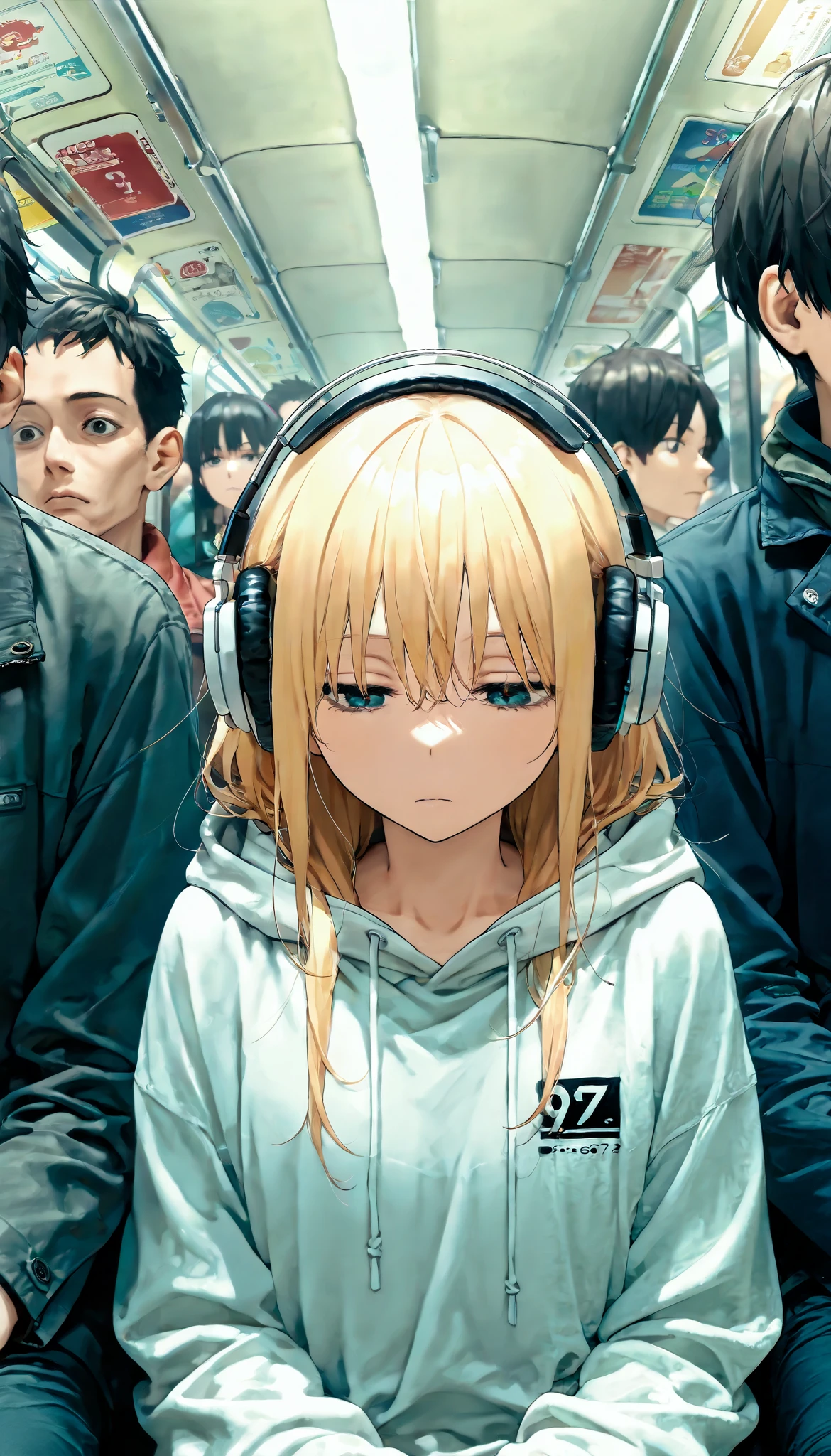       masterpiece  ,     best quality,       very aesthetic  , 1 girl ,disheveled,Just woke up ,Surrounded by people in the subway,Thinking about something else ,distracted, headphones with relaxing music ,