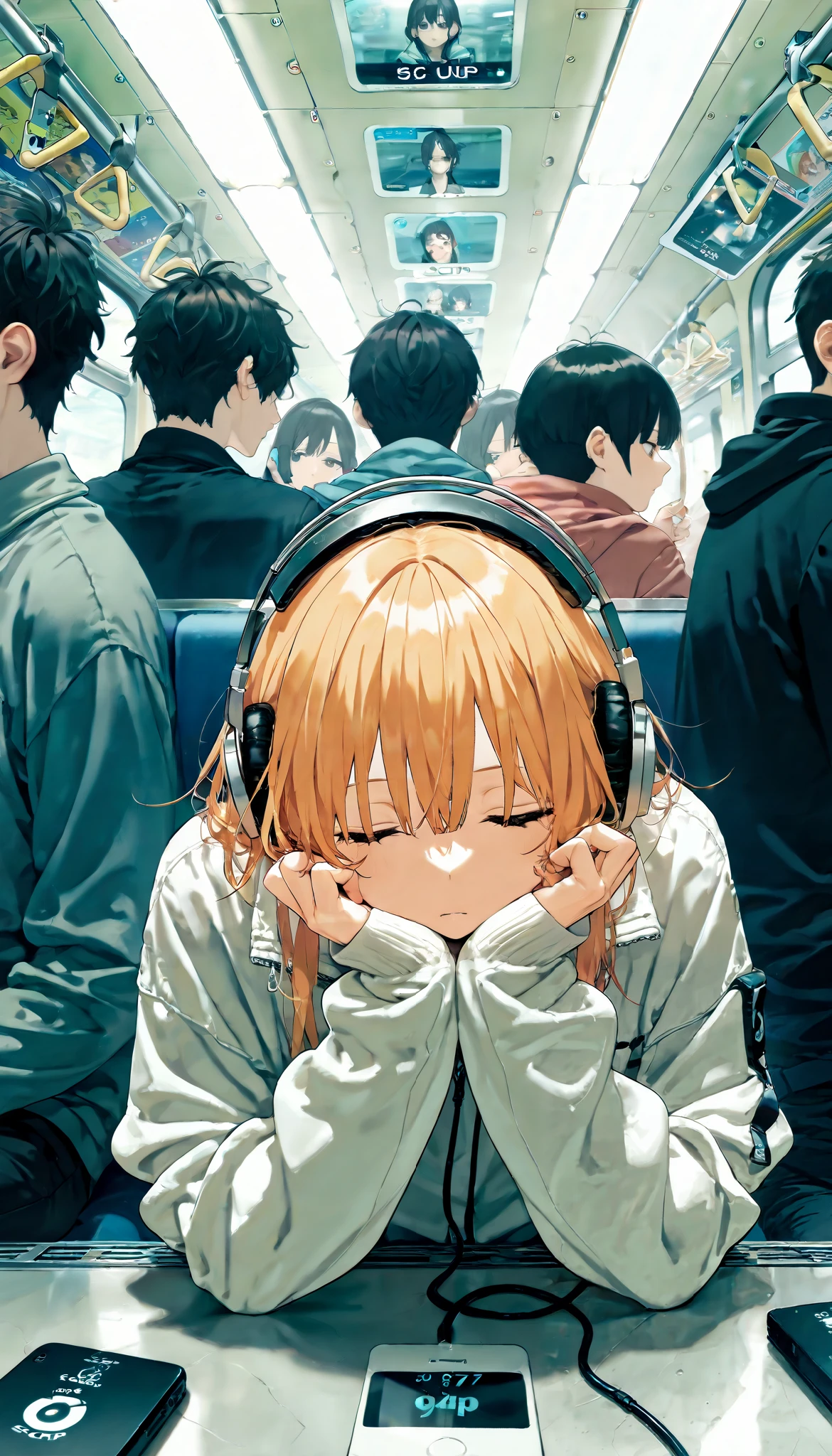       masterpiece  ,     best quality,       very aesthetic  , 1 girl ,disheveled,Just woke up ,Surrounded by people in the subway,Thinking about something else ,distracted, headphones with relaxing music ,