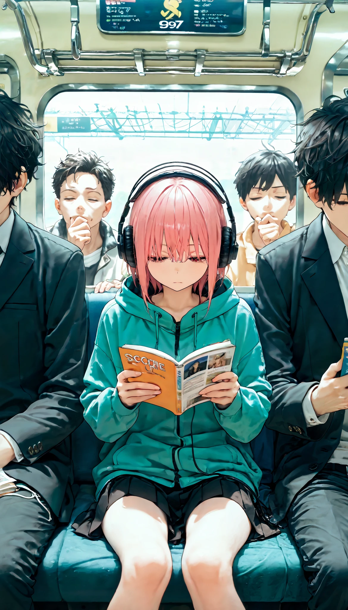       masterpiece  ,     best quality,       very aesthetic  , 1 girl ,disheveled,freshly lifted ,Surrounded by people in the subway,Thinking about something else ,distracted, headphones with relaxing music , reading a book 